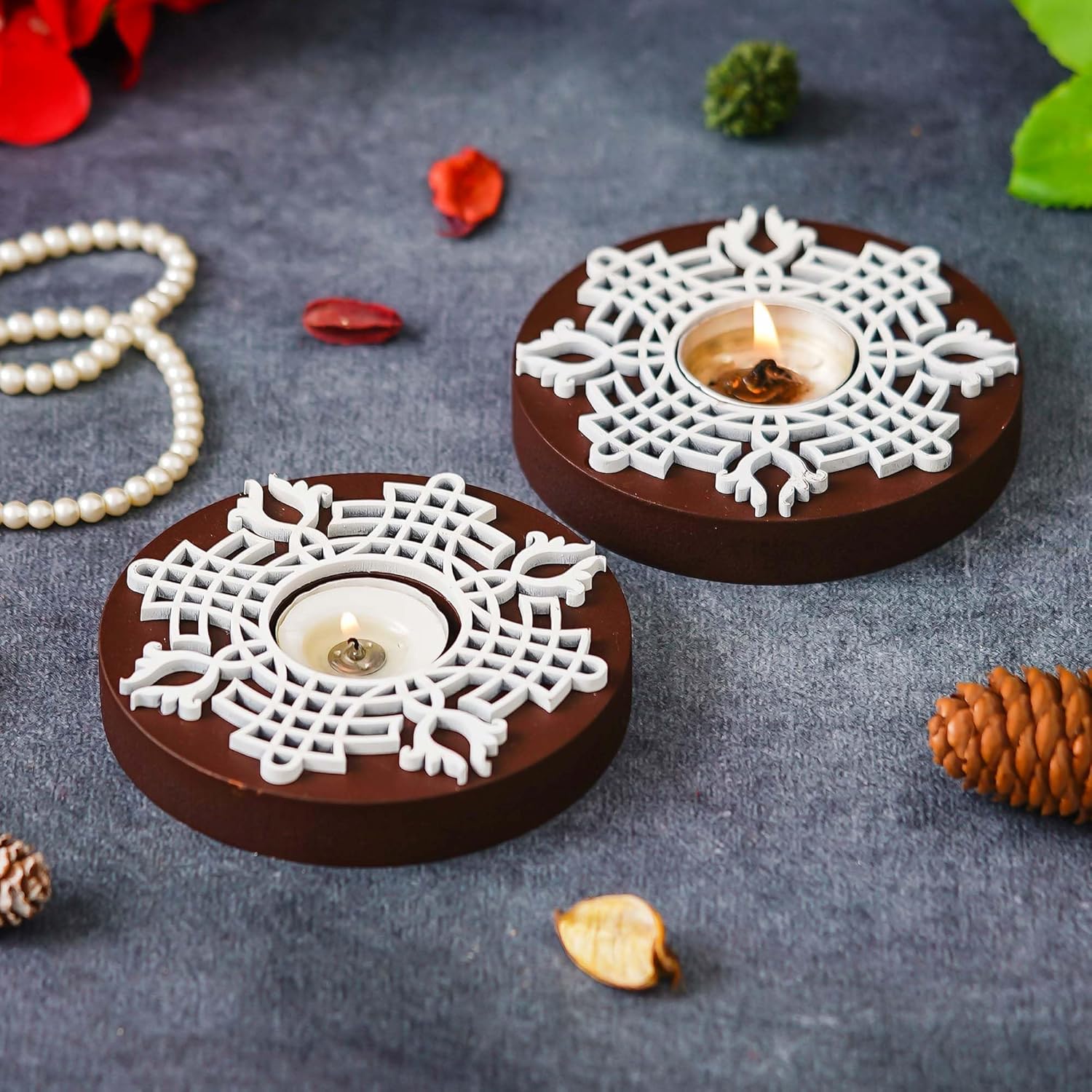 eCraftIndia Brown & White Round Handcrafted Wooden Block Print Tea Light Candle Holders