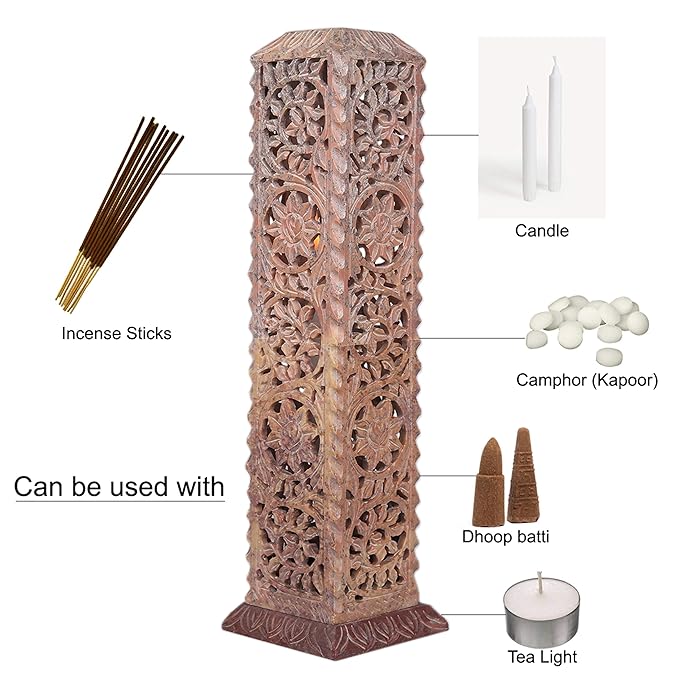 KC KULLICRAFT Marble Jaali Work Incense Holder/Agarbatti Stand with 6 Incense Sticks, Lavender Fragrance (11-Inch, Beige)