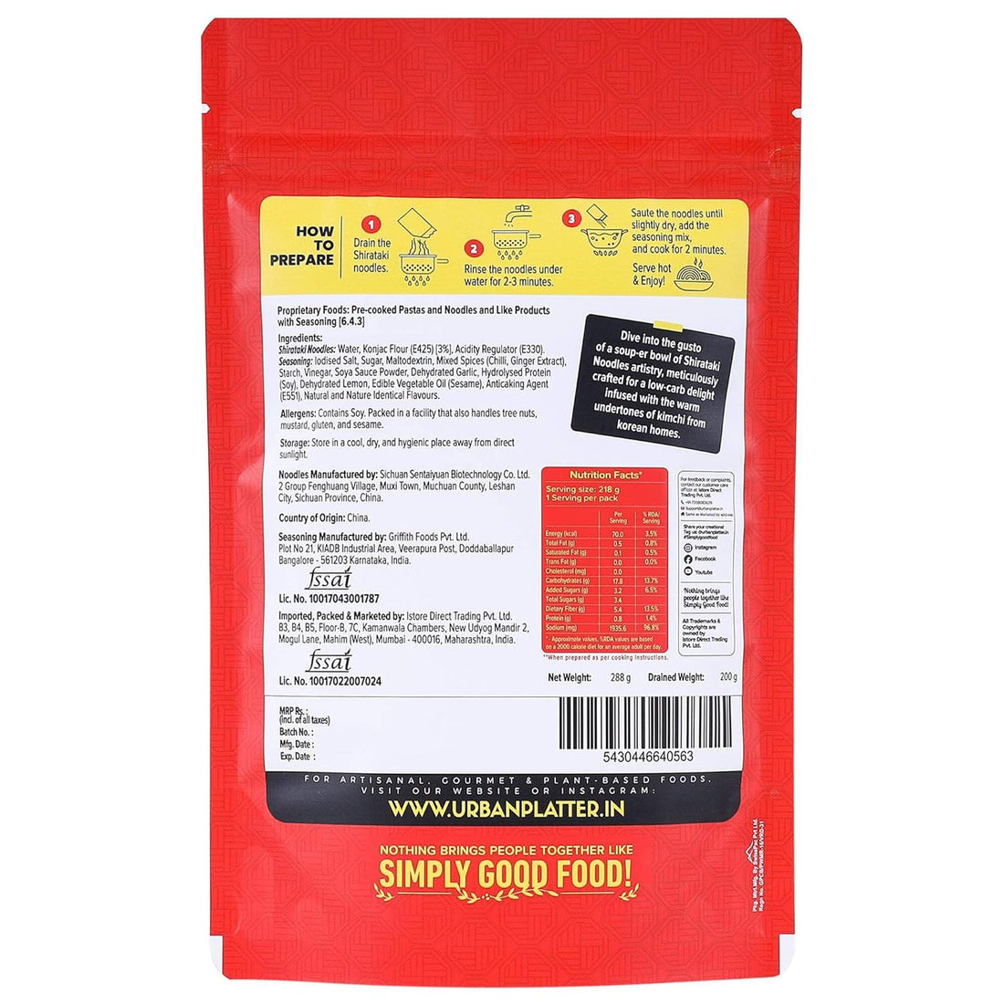 Red package of Urban Platter Shirataki Noodles with Korean Kimchi flavor on a white background