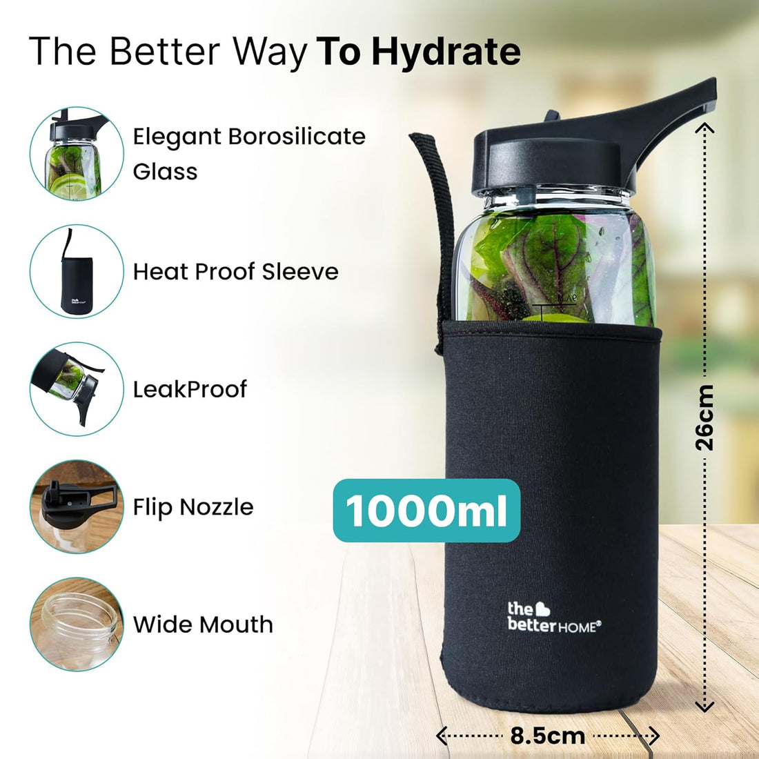 The Better Home Borosilicate Sipper Water Bottle 1 Litre With Anti Slip Cover Sleeve