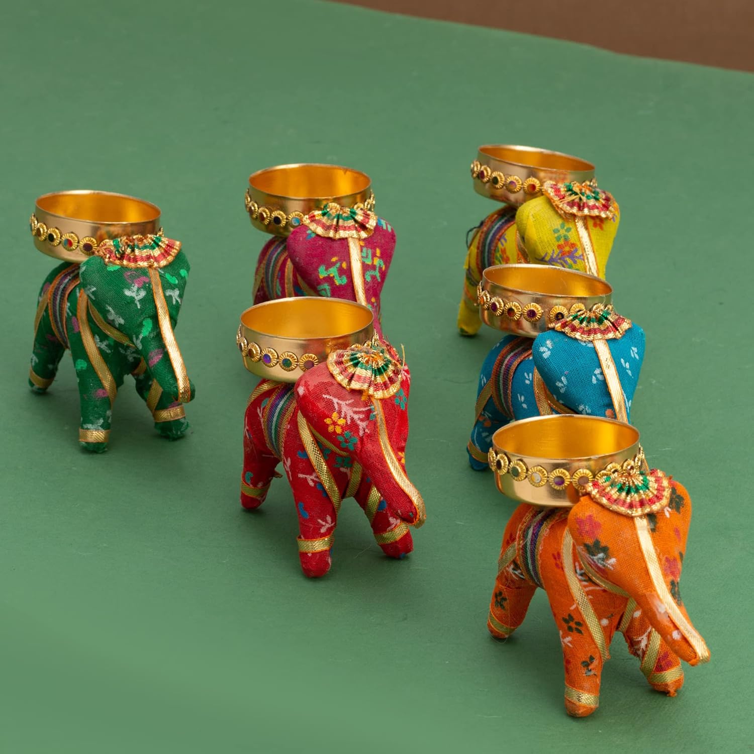 JH Gallery Handcrafted Elephant Tealight Candle Holders | Recycled Material | Multicolor | Pack of 6 | 10x5x8 cm