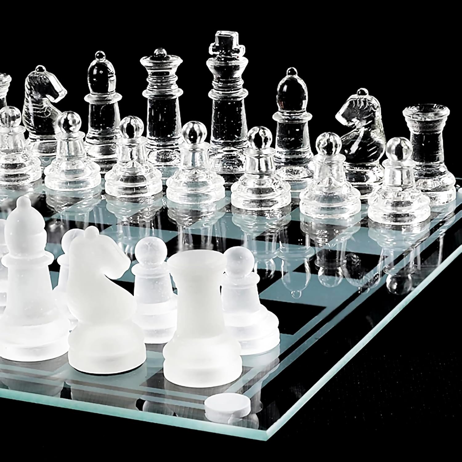 VGRASSP Glass Chess Board Set with Frosted and Clear Chessmen Pieces - 10 Inch