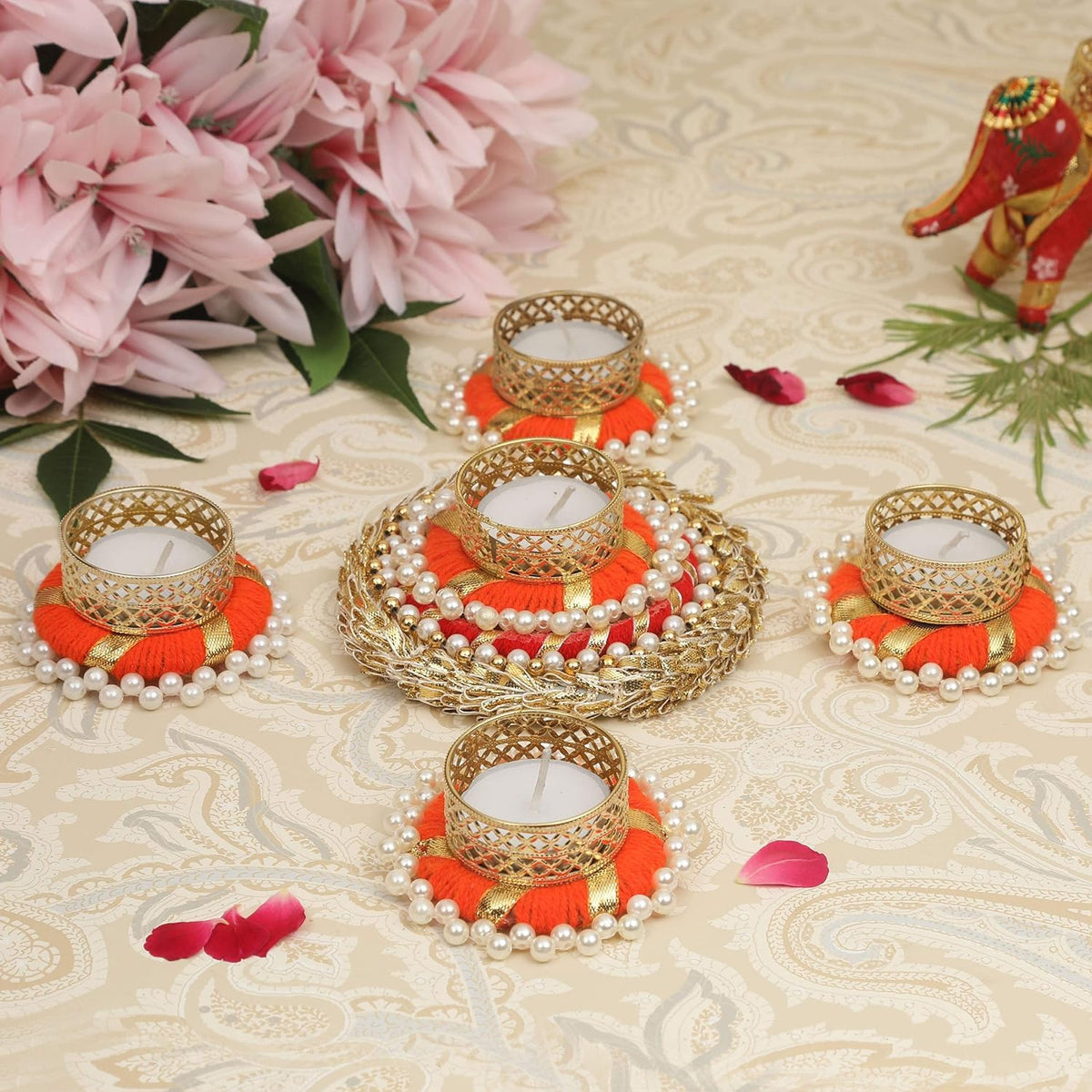 TIED RIBBONS Set of 6 Florals Tealight Candle Holders for Home Decorations Diyas