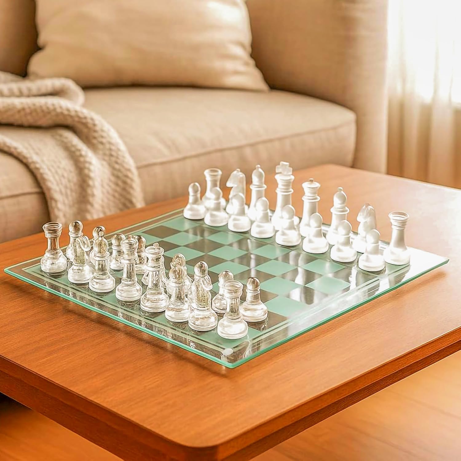 VGRASSP Glass Chess Board Set with Frosted and Clear Chessmen Pieces - 10 Inch