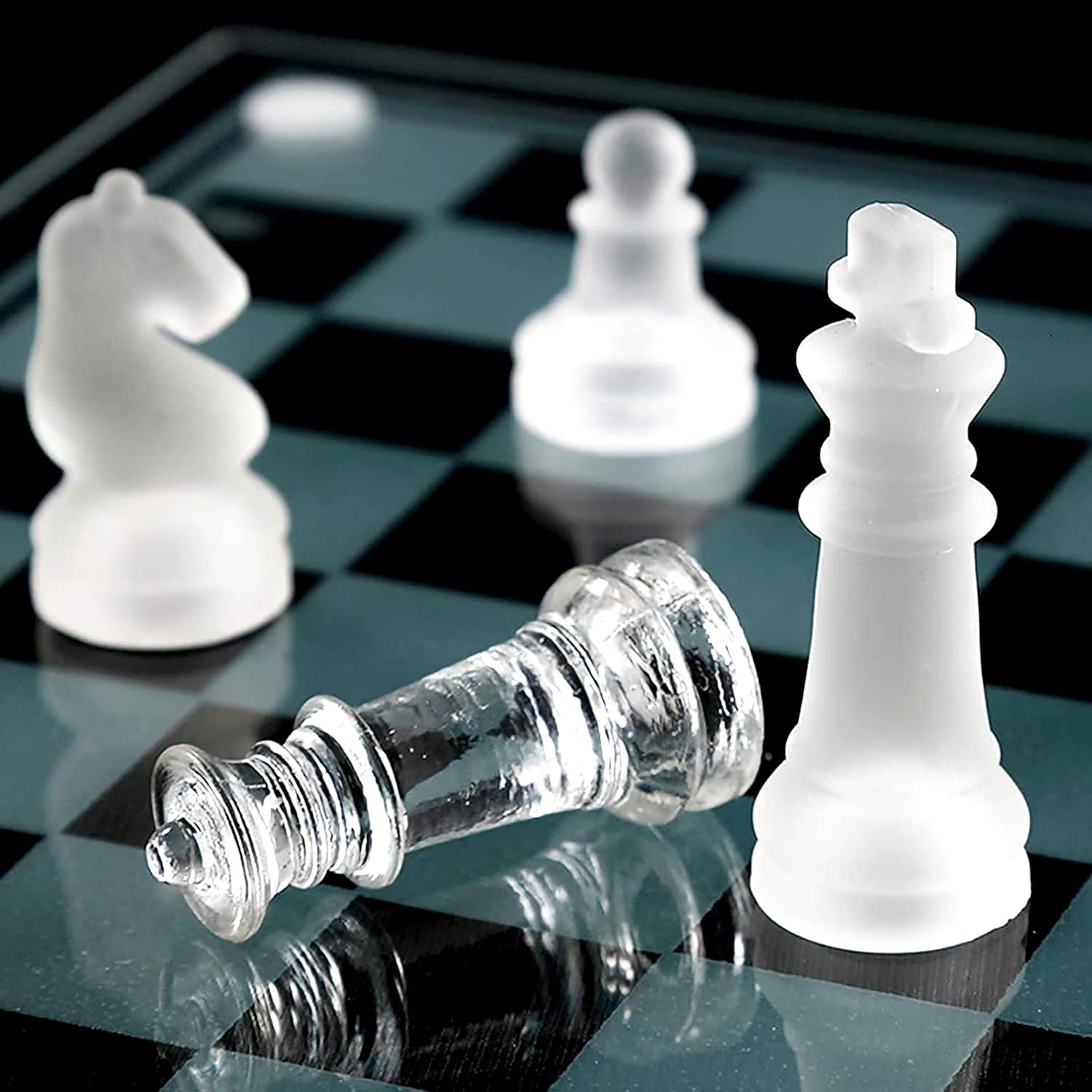 VGRASSP Glass Chess Board Set with Frosted and Clear Chessmen Pieces - 10 Inch