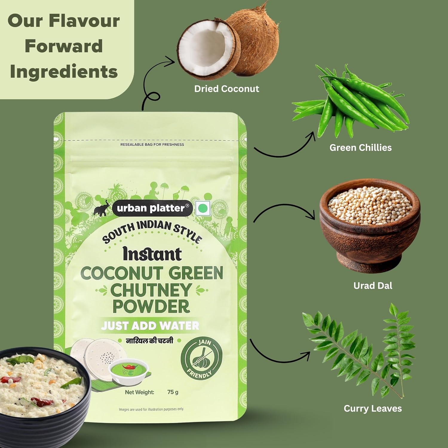 Urban Platter South Indian Style Instant Coconut Green Chutney Powder, 200g