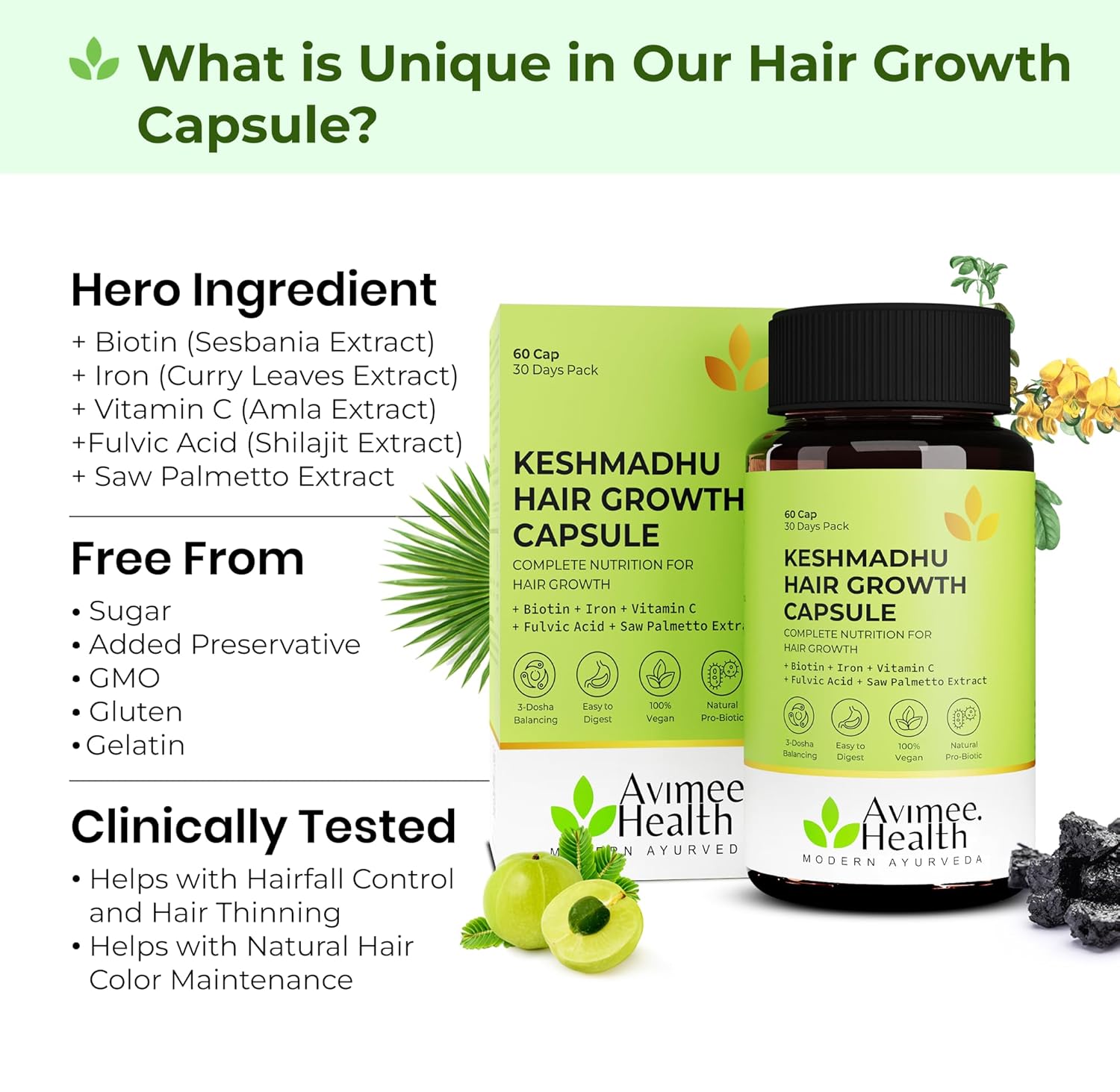 AVIMEE HERBAL Keshmadhu Hair Growth Capsules | Made with Lemon Peel and Amla Extracts | 60 caps