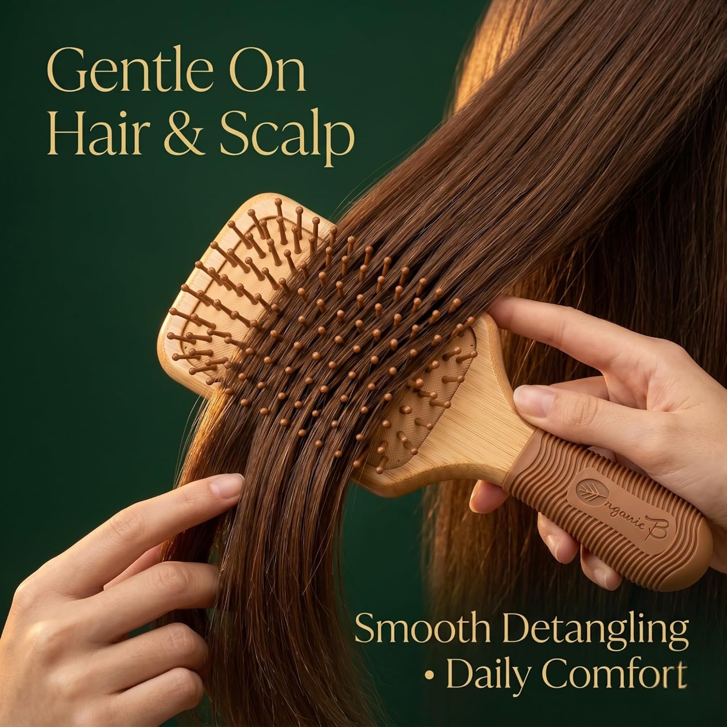 Bamboo Paddle Hair Brush with Rubber Handle – Eco-Friendly Wooden Detangler for Wet & Dry Hair