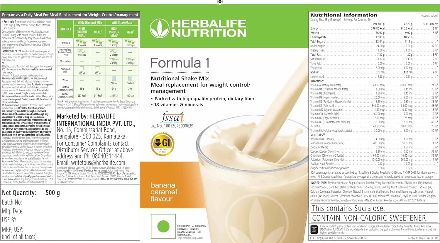 Herbalife Formula 1 Nutritional Shake Mix Banana Caramel flavour 500g