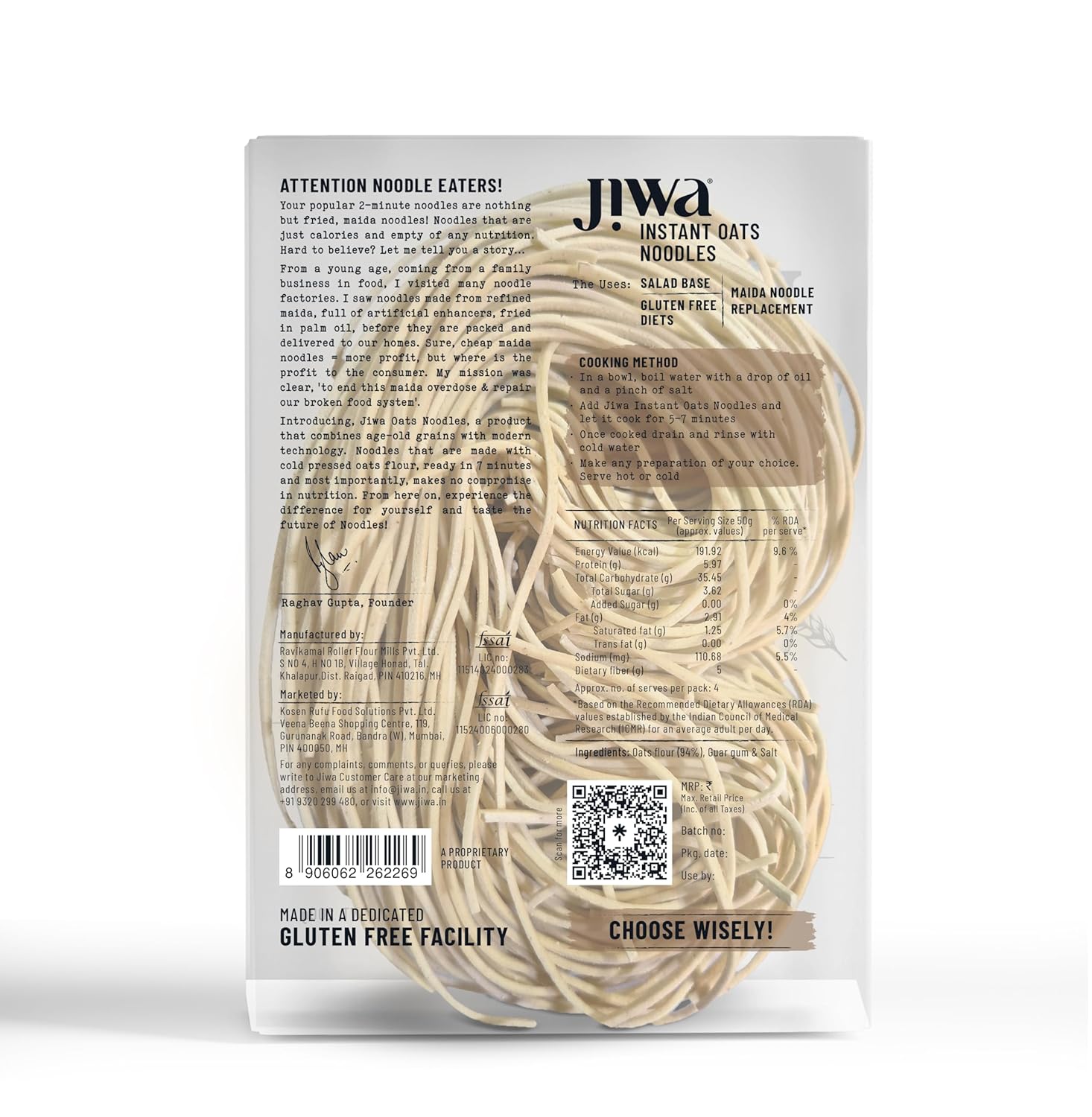 Jiwa Instant Oats Noodles | Cooks in 7 minutes  Gluten Free | 200 g