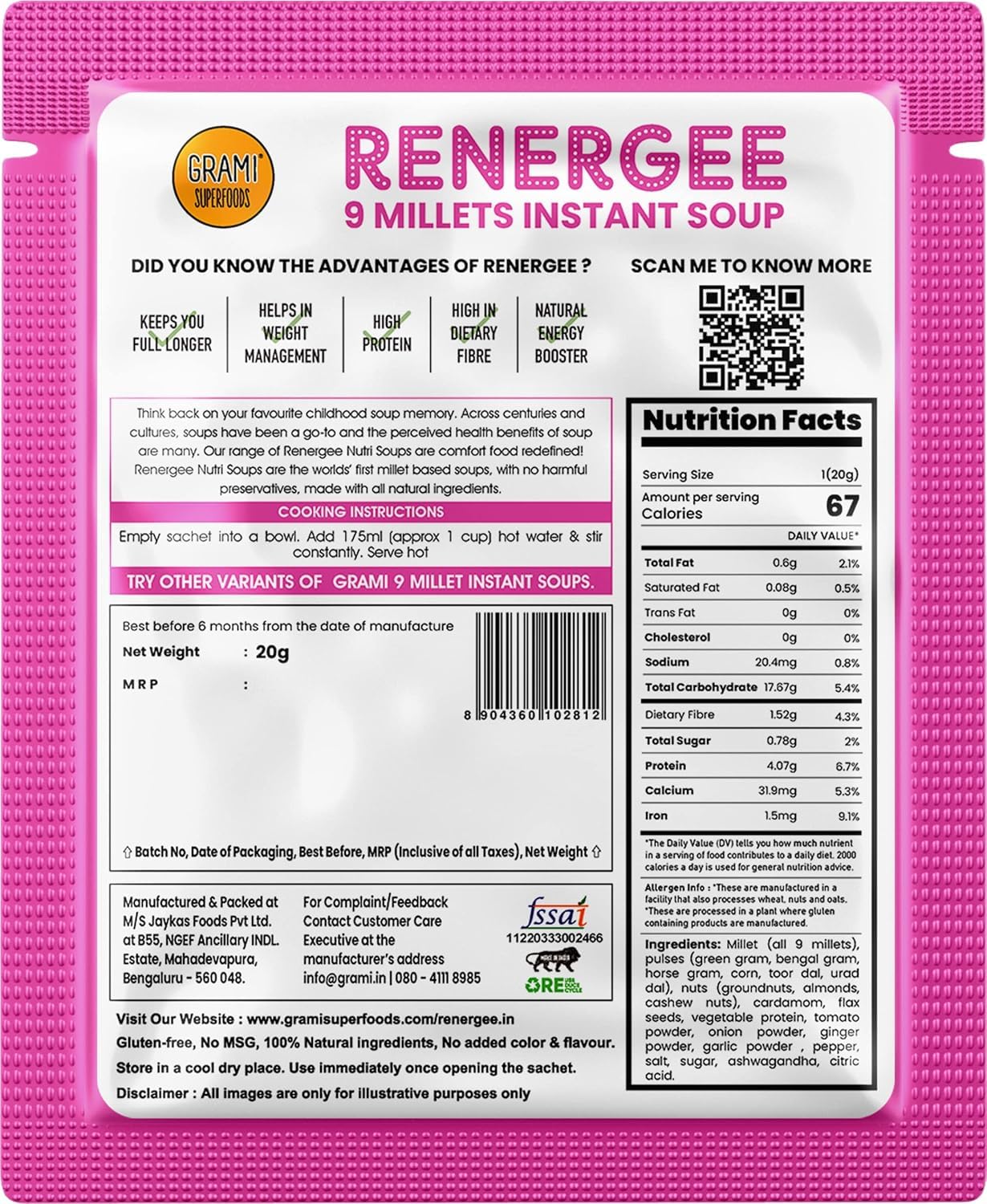 Grami Superfoods Renergee 9 Millets Instant Hot & Sour Soup - Pack of 12 - 240g