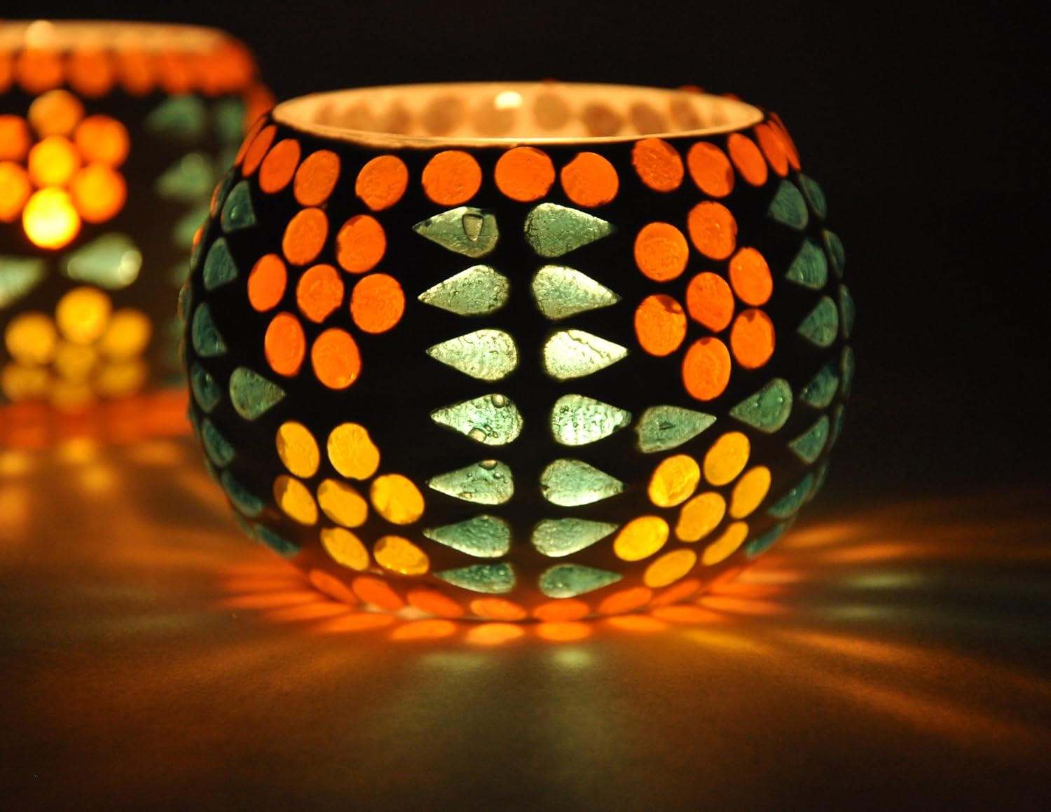 TIED RIBBONS Pack of 2 Turkish Mosaic Glass Votive Tealight Candle Holders for Table