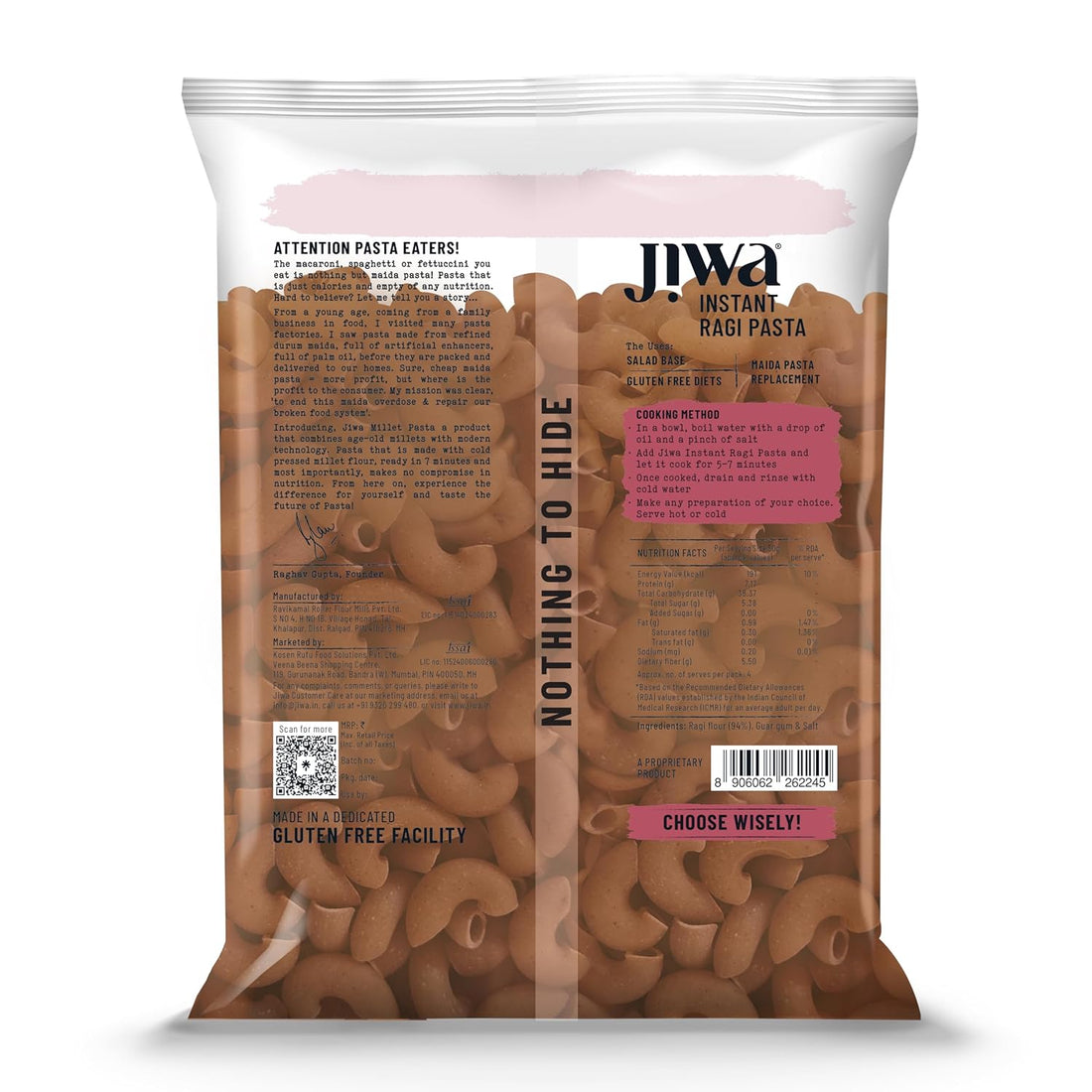 Jiwa Instant Ragi Pasta | Macaroni | Cooks In 7 Minutes Gluten Free | 200 G