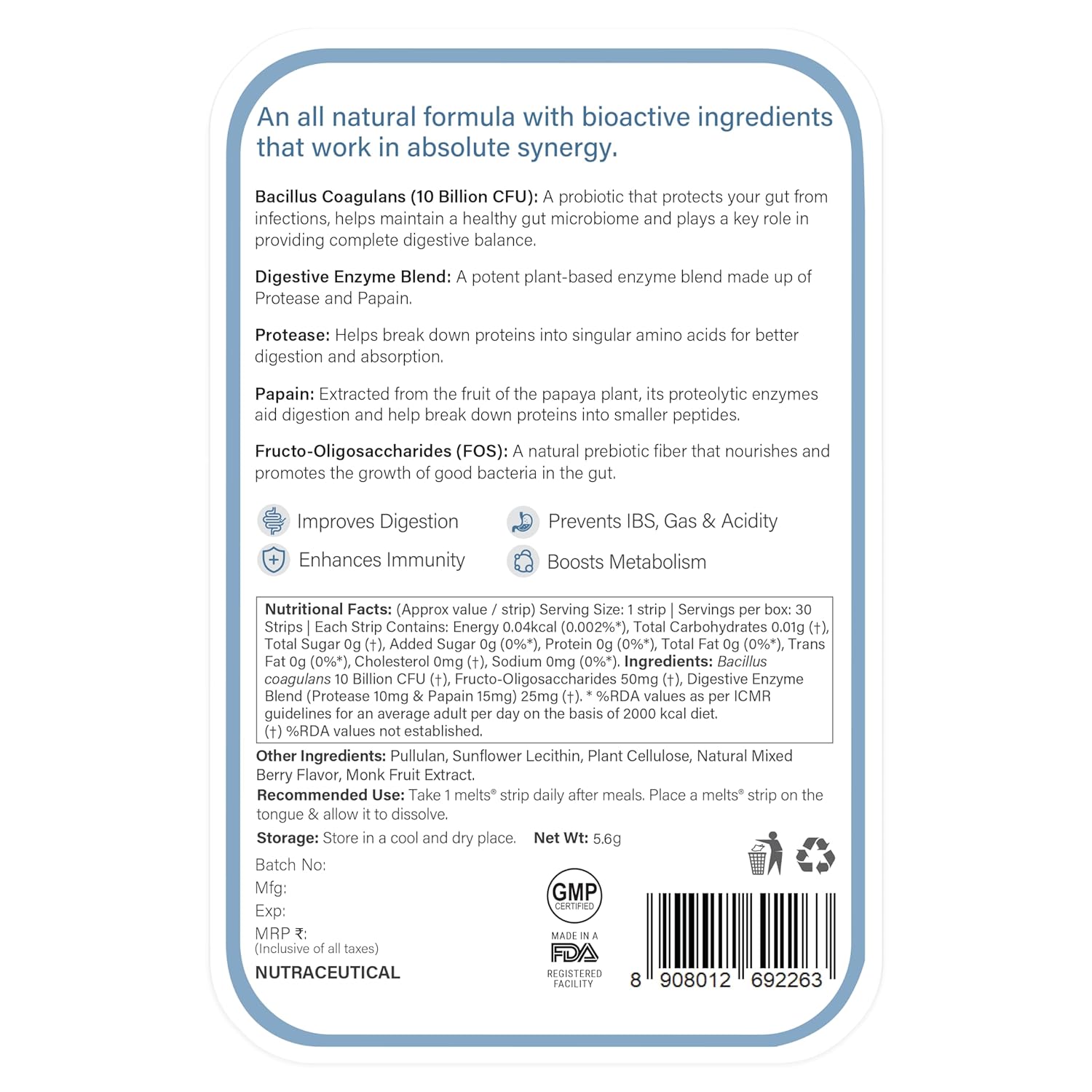 Wellbeing Nutrition Melts Healthy Gut - 30 Oral Strips