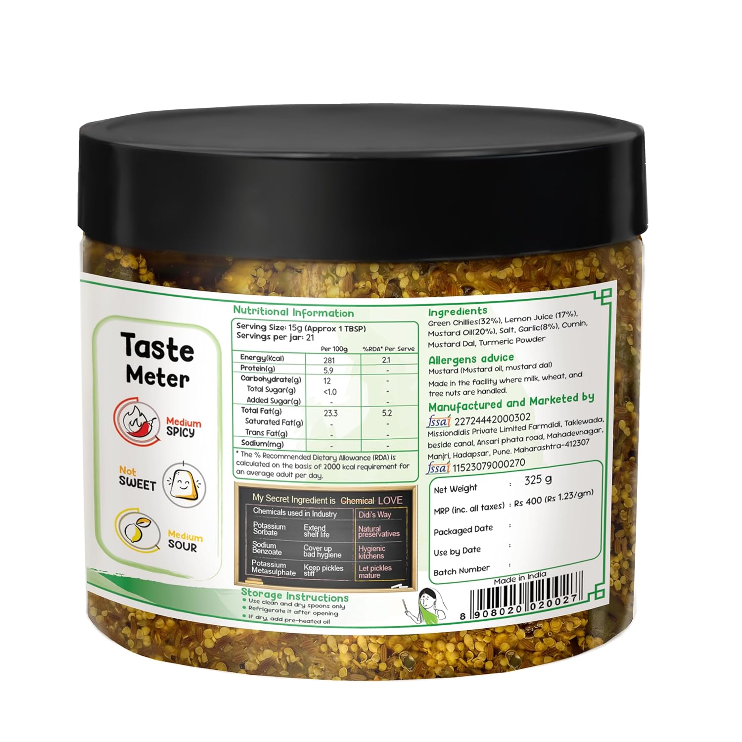 FarmDidi Spicy Green Chilli Pickle 325g