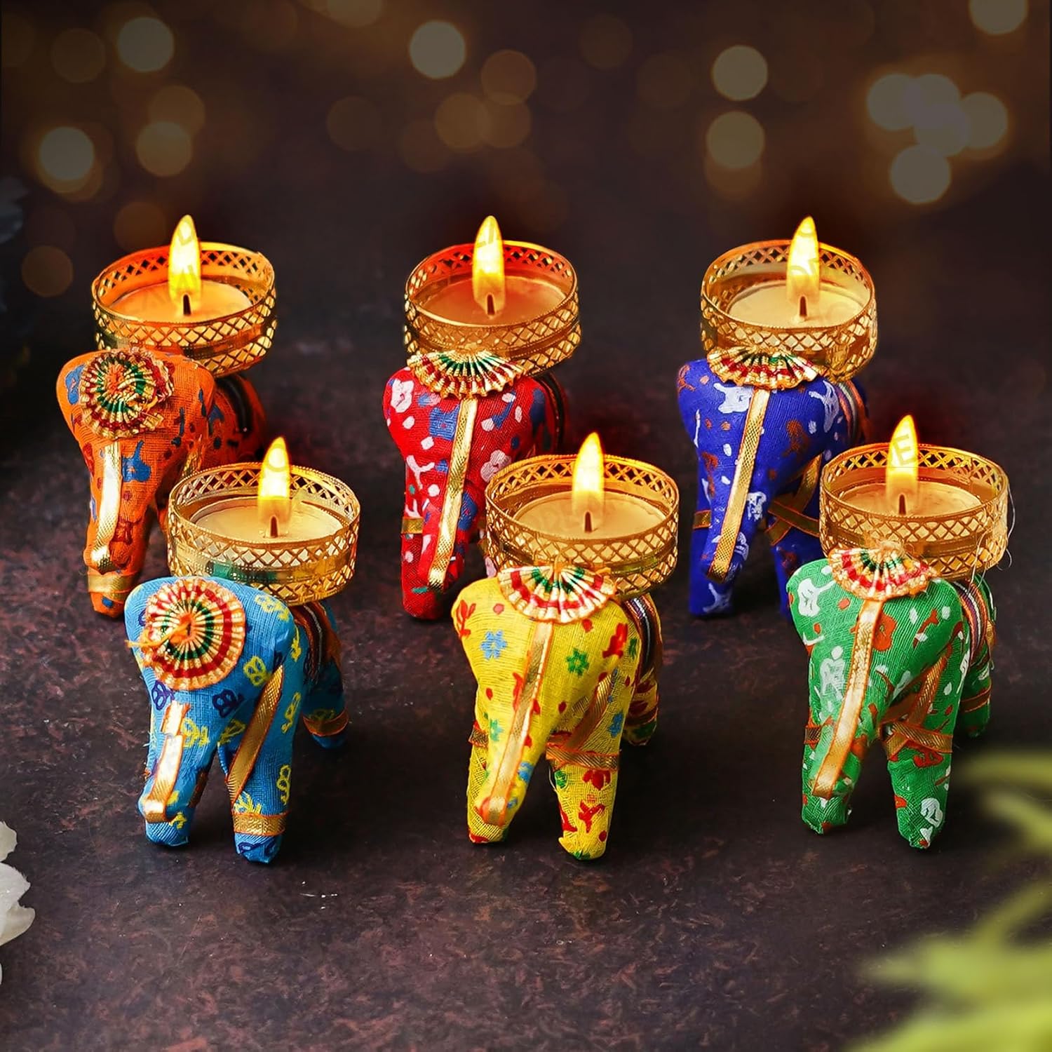TIED RIBBONS Set of 6 Handcrafted Recycled Material Elephant Tealight Candle Holder for Diya Home Decoration