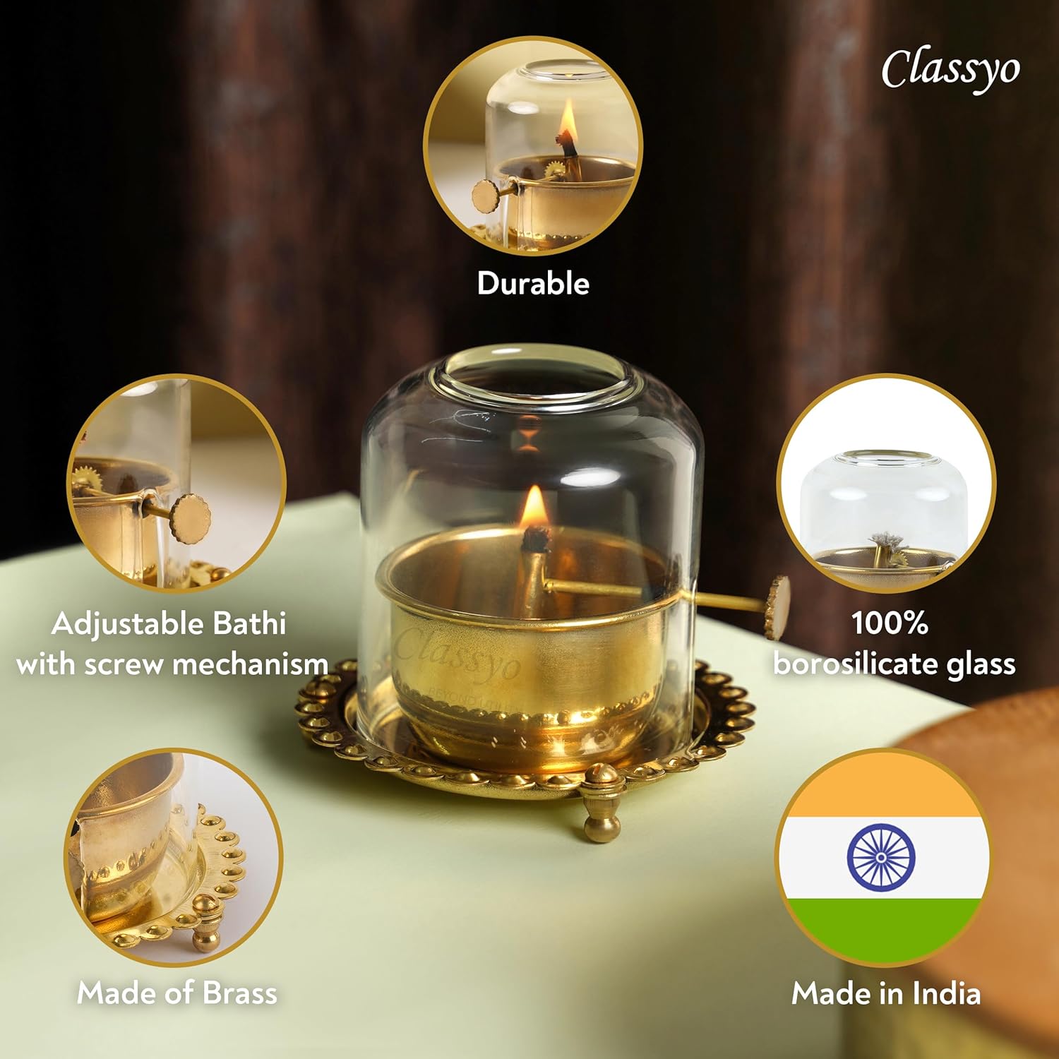 Classyo Brass Akhand Diya with Adjustable Bati, with Screw Lever for Puja, Borosilicate Glass (4 inch, 180 ml Oil Capacity)