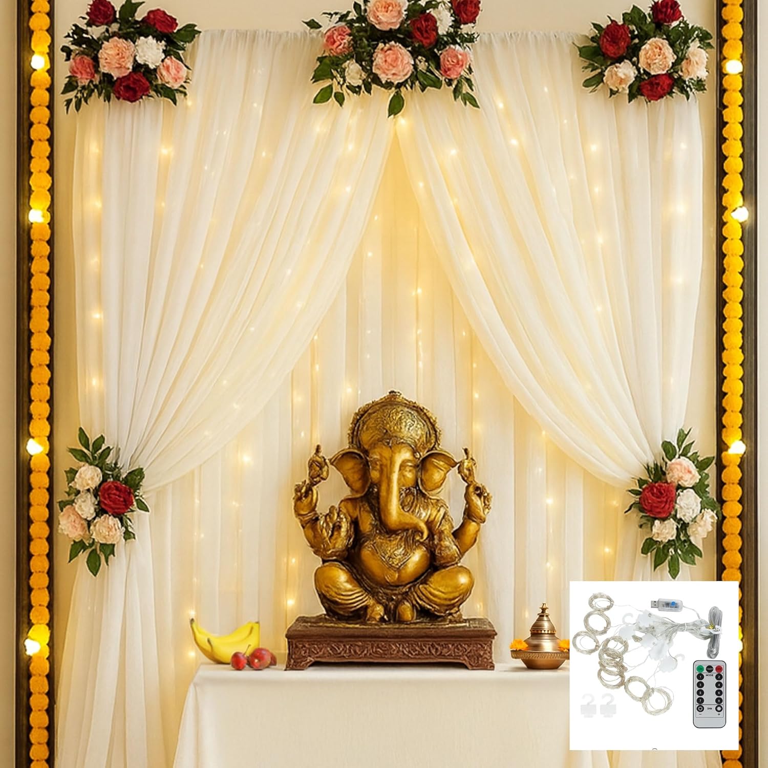 SpecialYou Ganapati Backdrop Décor with Lights – 7 Pc Pooja Set