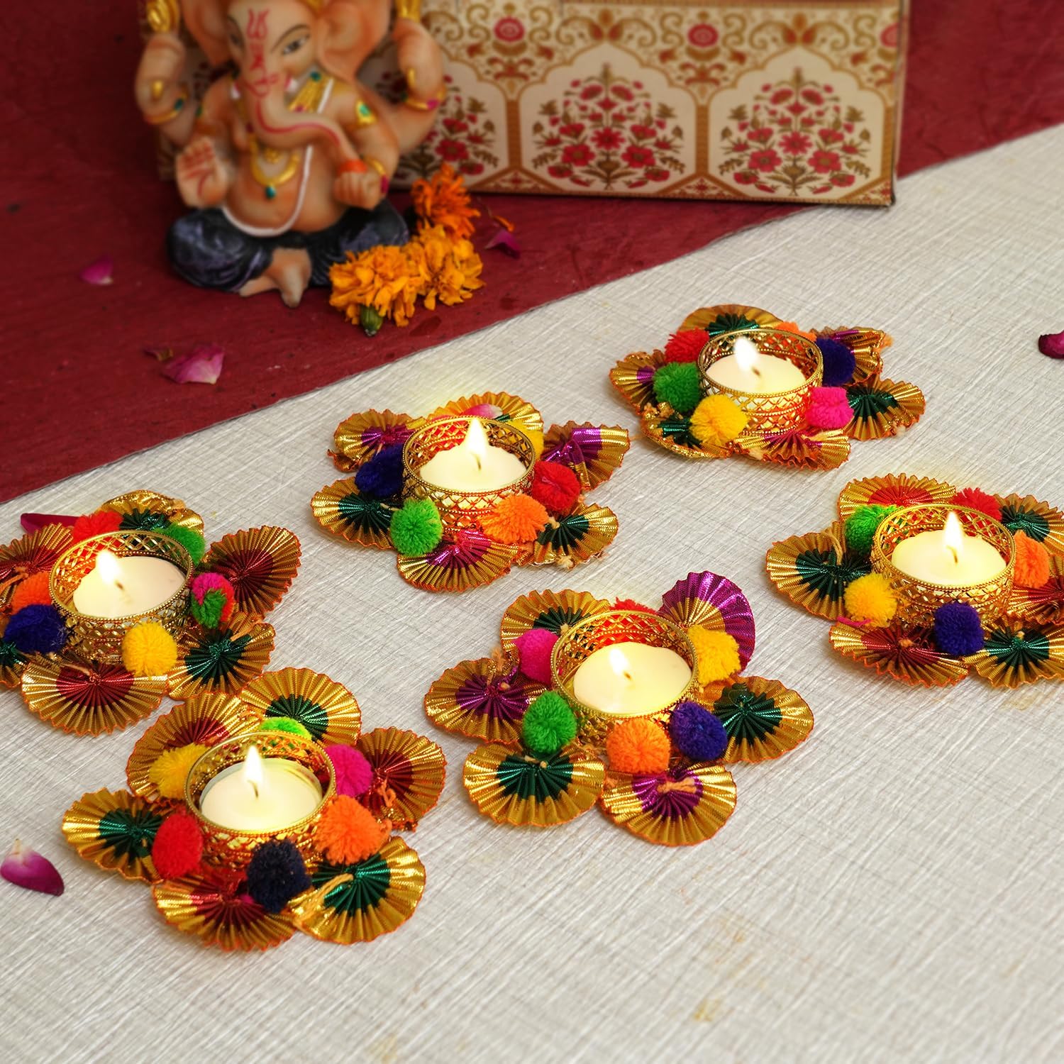 TIED RIBBONS Set of 6 Floral Tealight Candle Holders