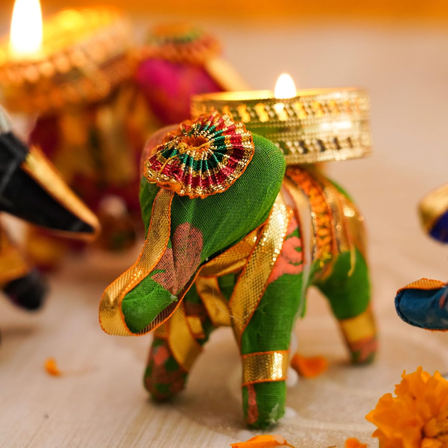 TIED RIBBONS Set of 6 Handcrafted Recycled Material Elephant Tealight Candle Holder for Diya Home Decoration