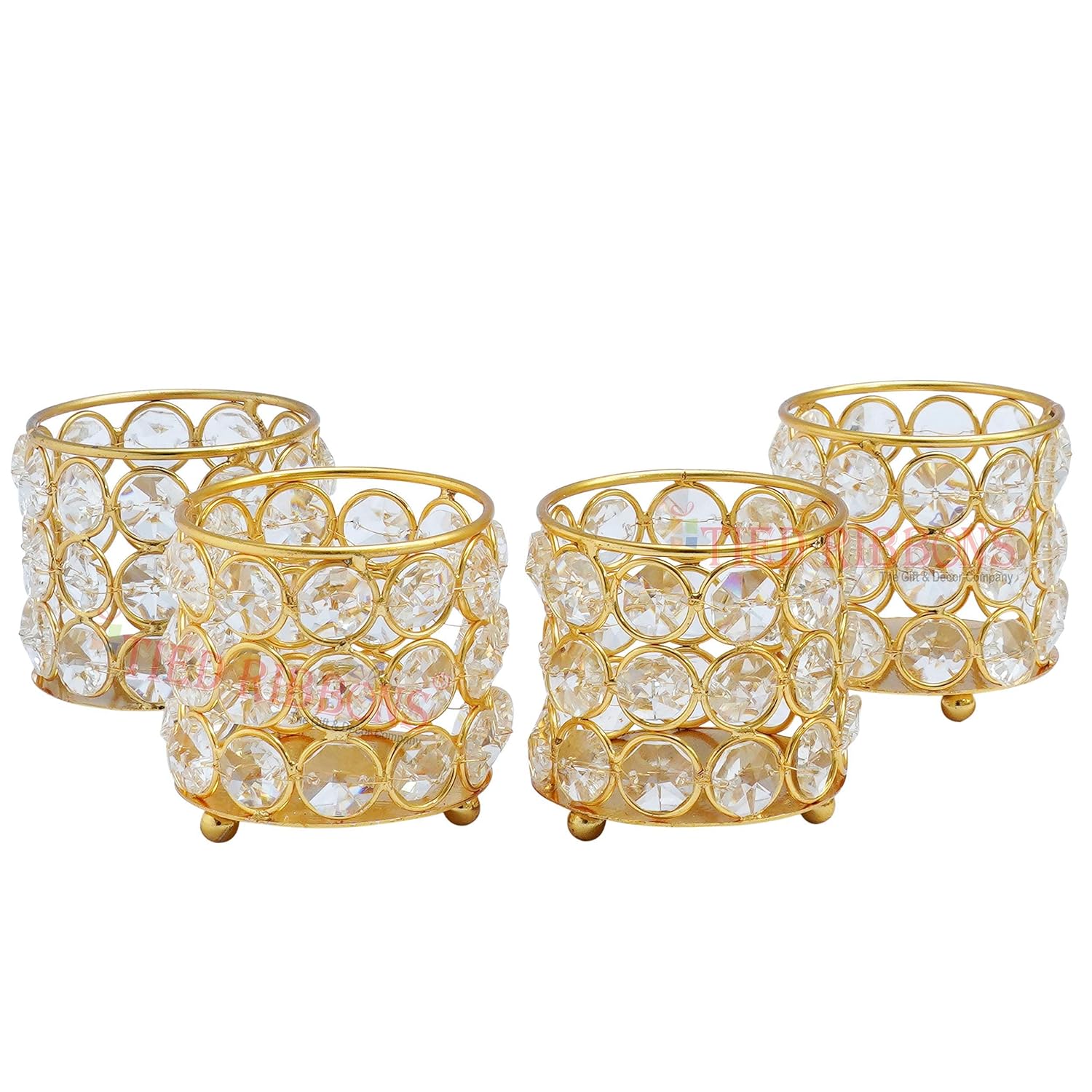 TIED RIBBONS Pack of 4 Brass and Crystal Tealight Candle Holder