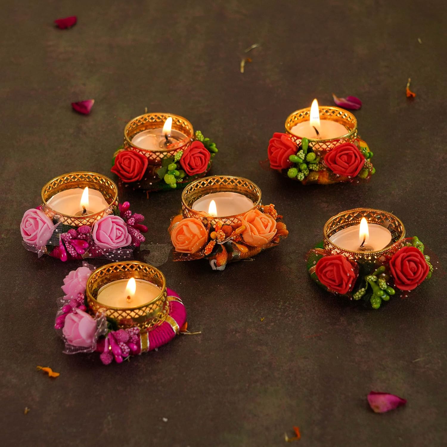 TIED RIBBONS Set of 6 Flowers Tealight Candle Holders