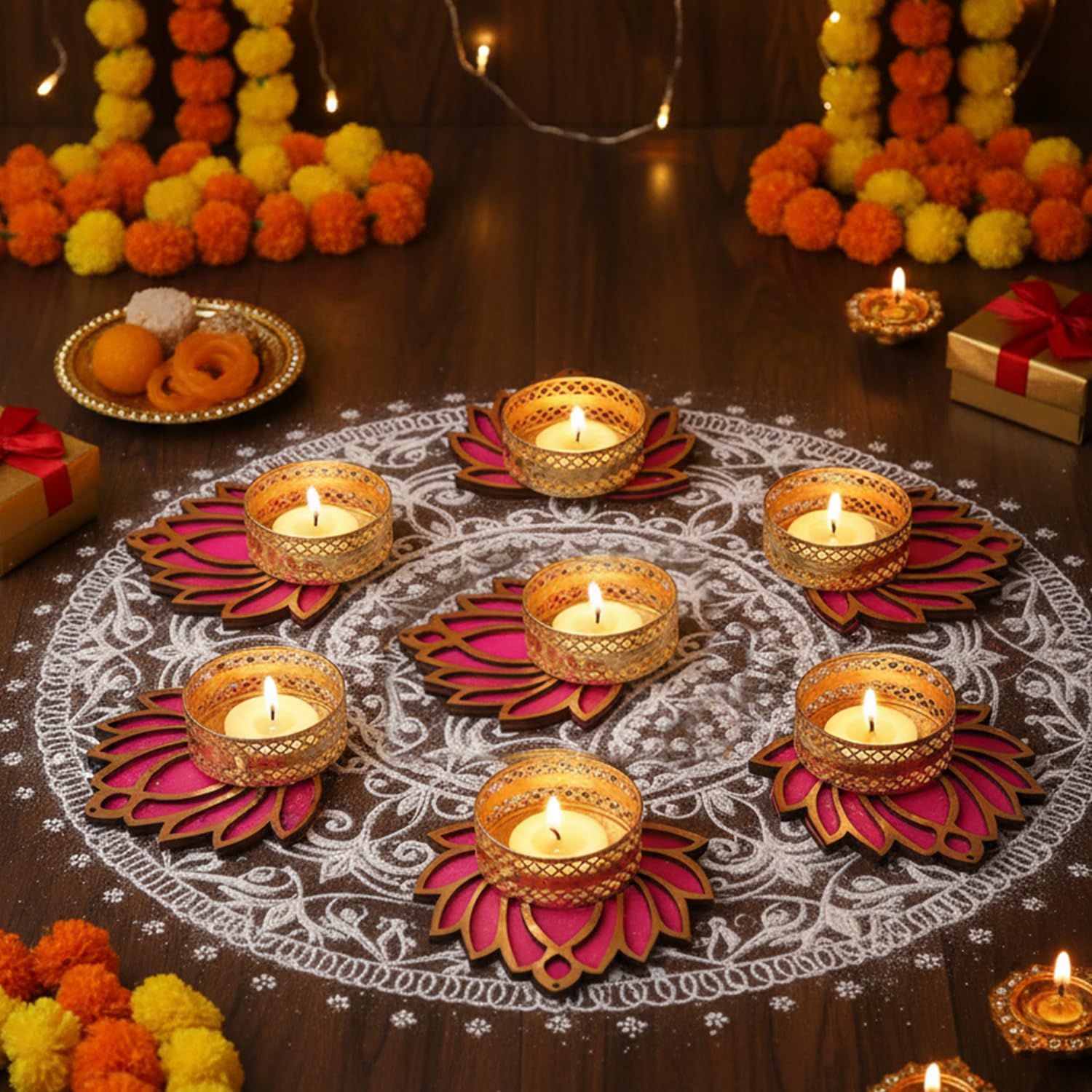 TIED RIBBONS Lotus Tealight Candle Holder Stand Set of 7