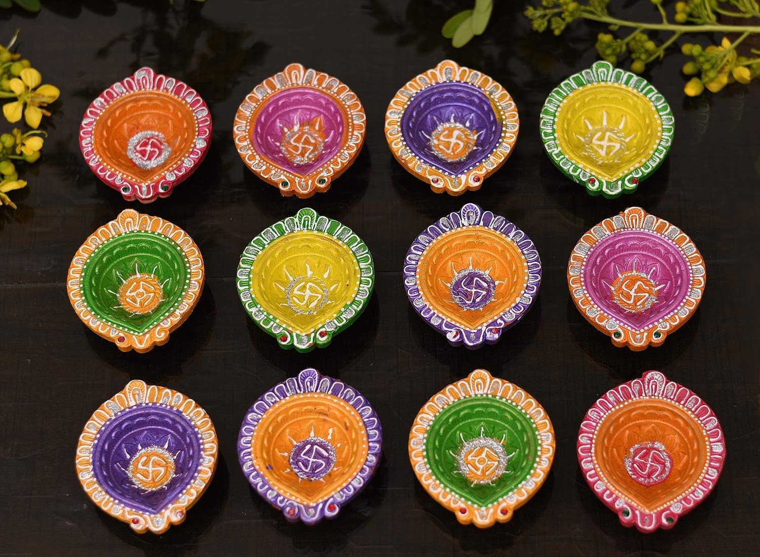 Collectible India Clay 12 Diyas Diya Deepak Earthen Assorted Colorful Set