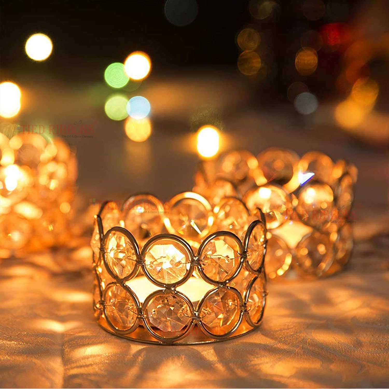 TIED RIBBONS Pack of 4 Crystal Tealight Candle Holder Centerpieces Votive Candle Holders