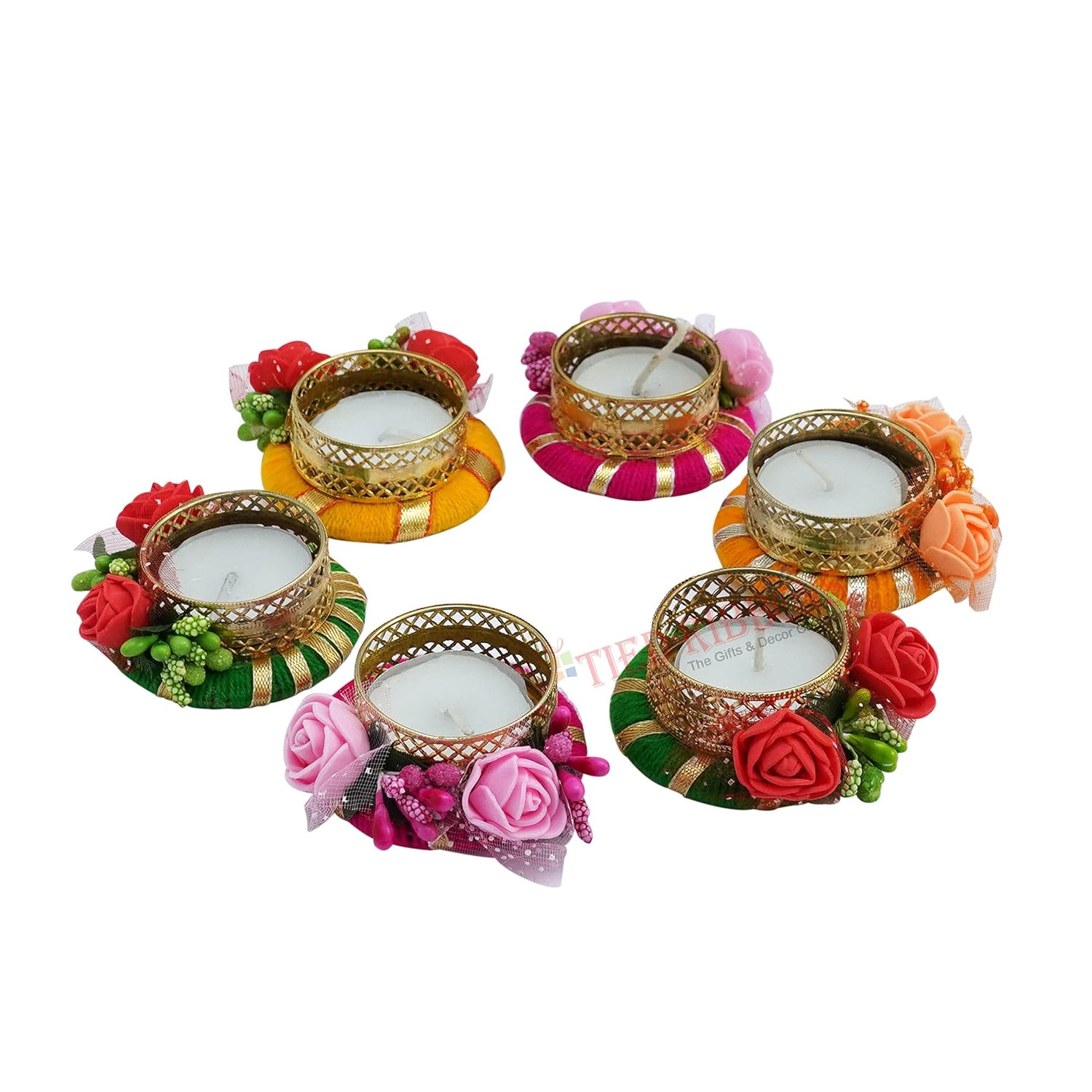 TIED RIBBONS Set of 6 Flowers Tealight Candle Holders
