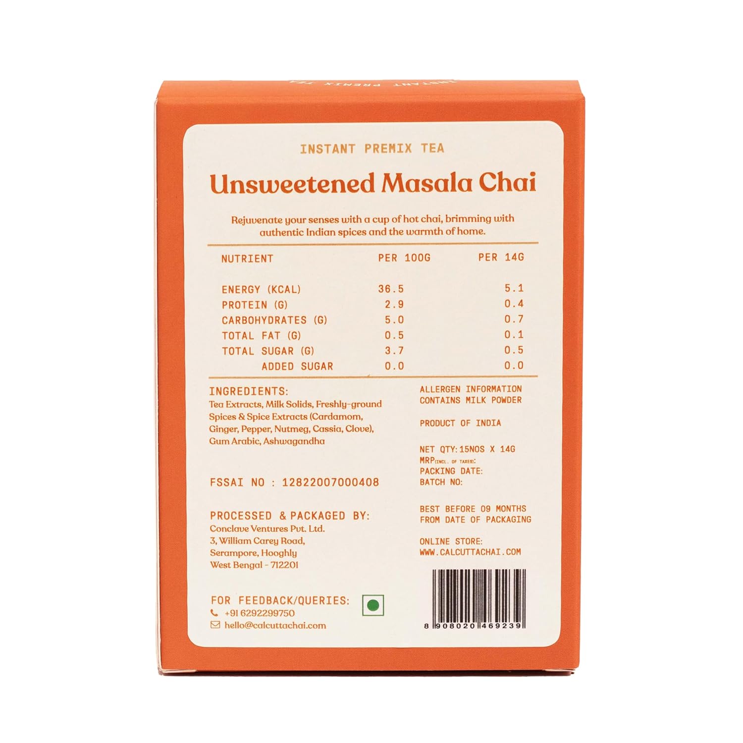 Calcutta Chai Co Unsweetened Masala Chai | Instant Tea Premix | 15 Sachets | 210 Gram