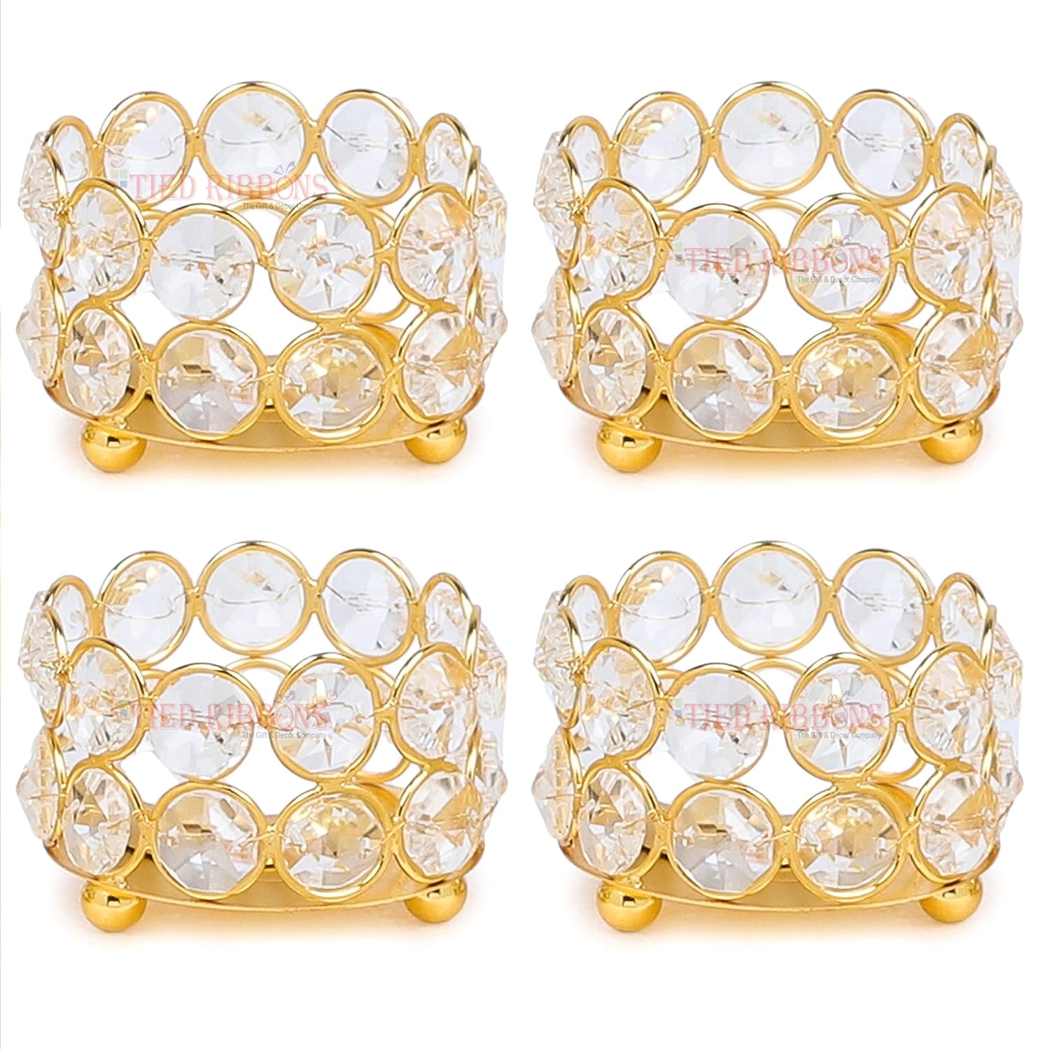 TIED RIBBONS Pack of 4 Crystal Tealight Candle Holder Centerpieces Votive Candle Holders