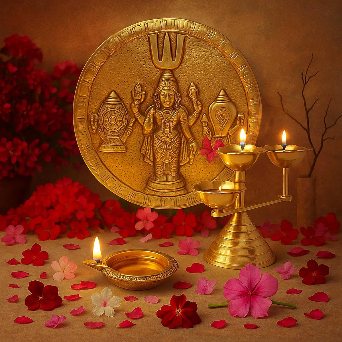 Pure Source India Pure Brass Flower Design 3 Mukhi Diya/Lamp
