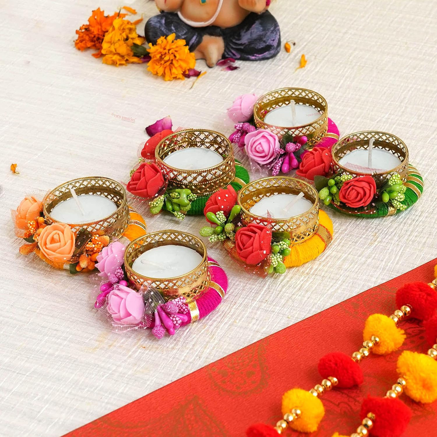 TIED RIBBONS Set of 6 Flowers Tealight Candle Holders