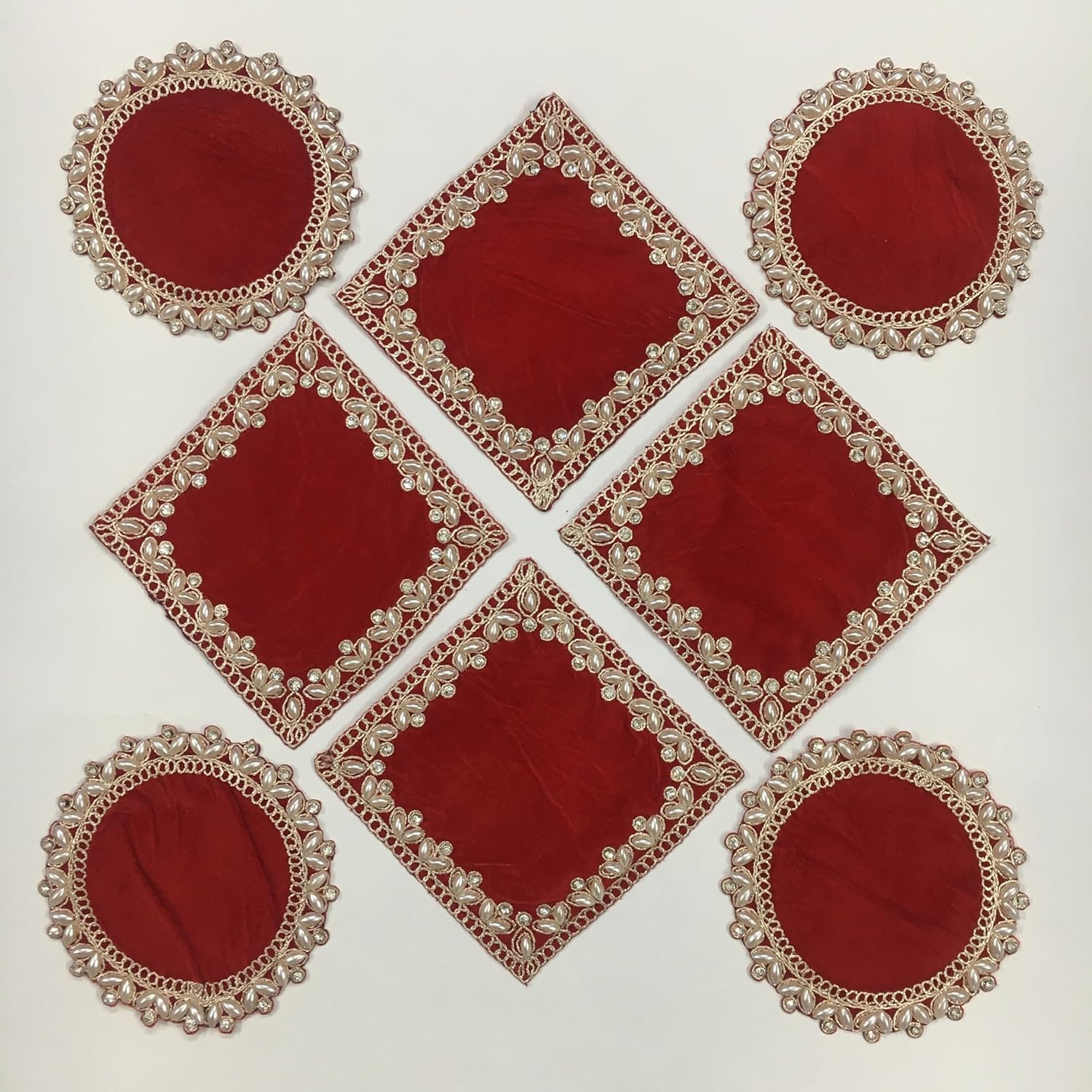 EMBROINDIA Red Velvet Pooja Aasan Set, Decorative Chowki Cloth, 4x4 Inch