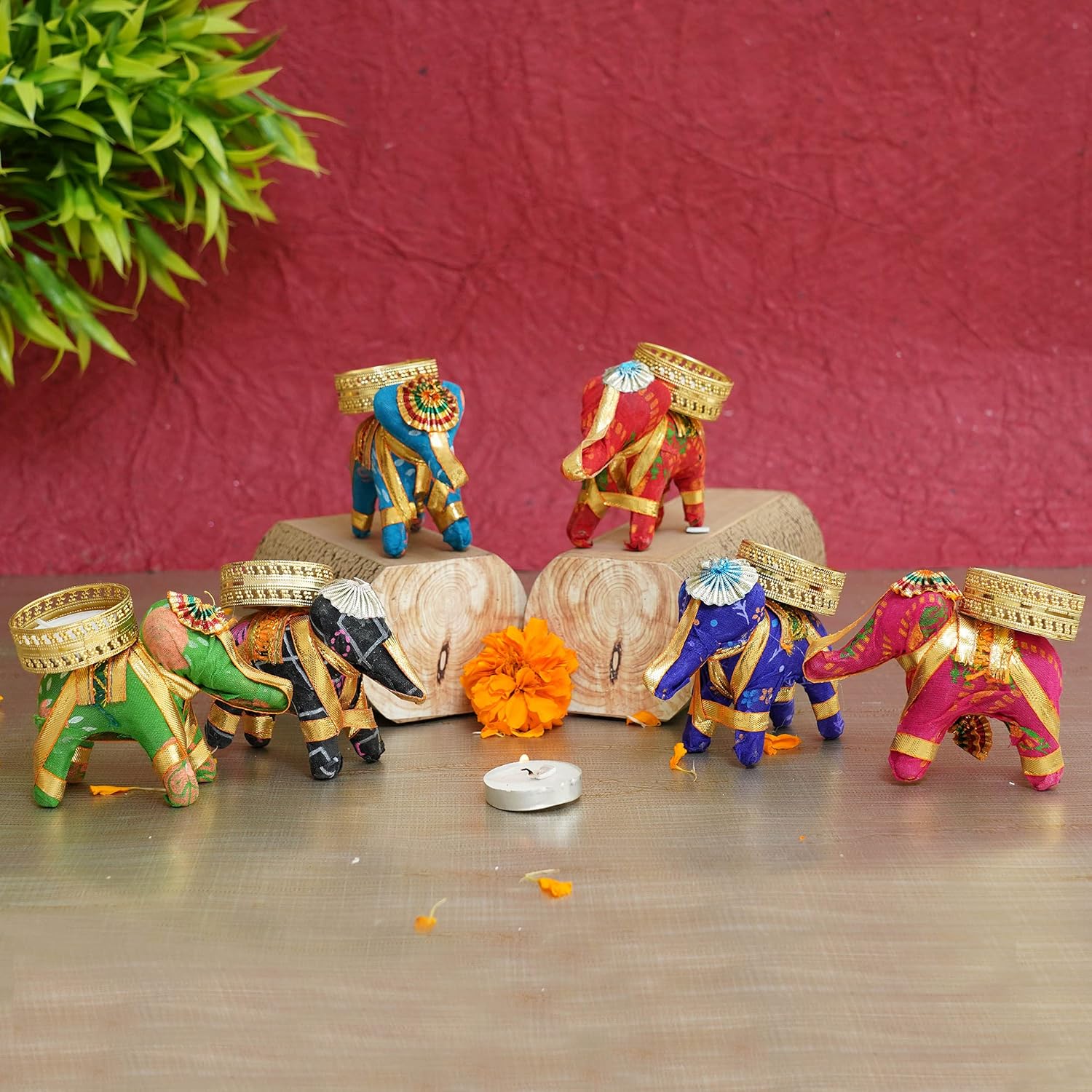 TIED RIBBONS Set of 6 Handcrafted Recycled Material Elephant Tealight Candle Holder for Diya Home Decoration
