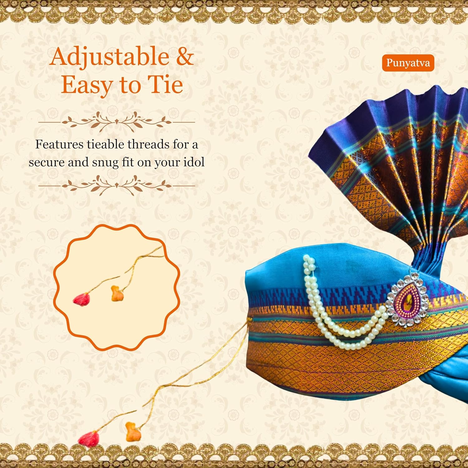 PUNYATVA Ganesh Feta Mukut Silk Blue – Adjustable Idol Headgear