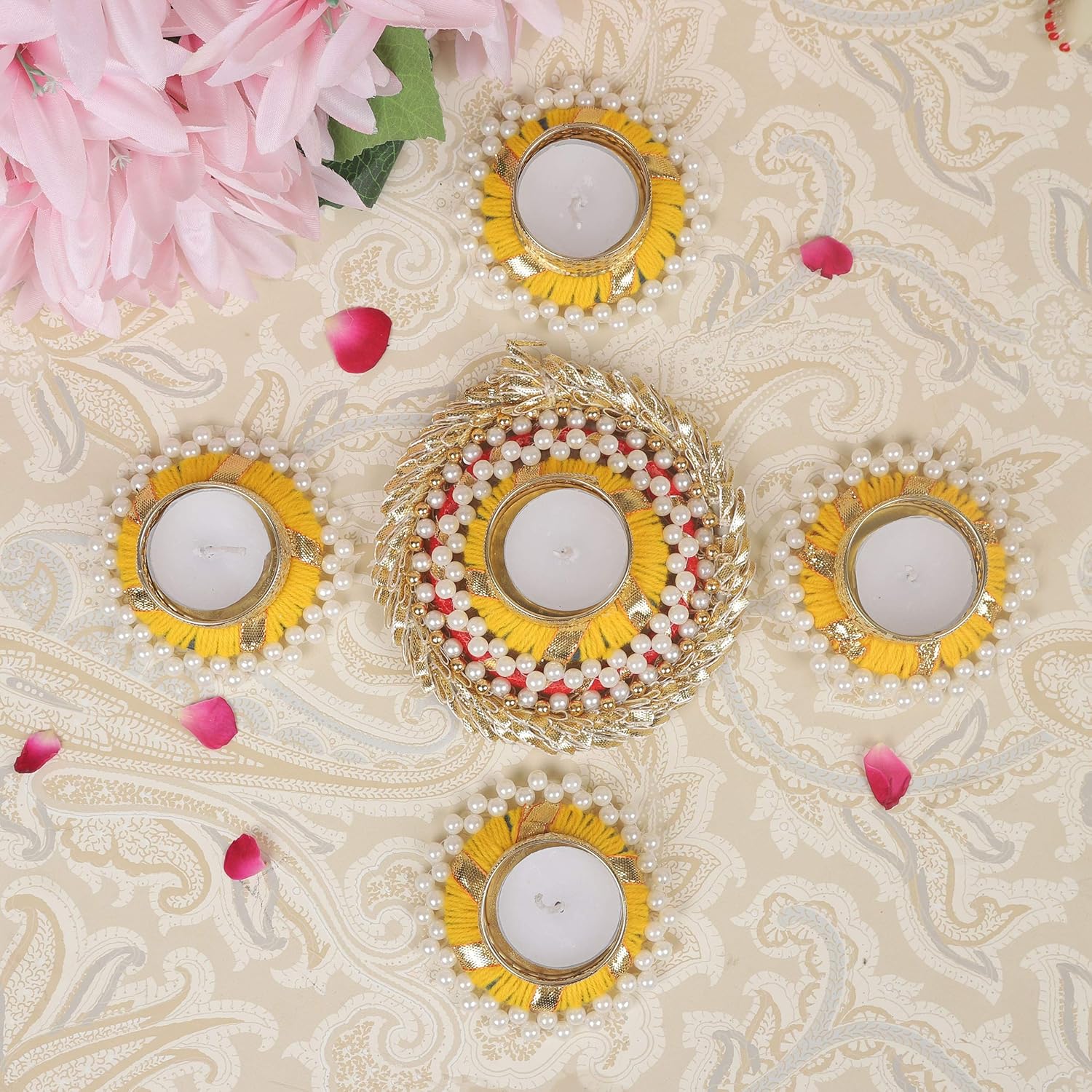TIED RIBBONS Set of 5 Florals Tealight Candle Holders for Diyas