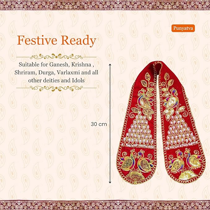 PUNYATVA Ganpati Shela with Moti Design (Red) – Elegant Vastra for Ganesh Chaturthi & Festive Puja Decorations