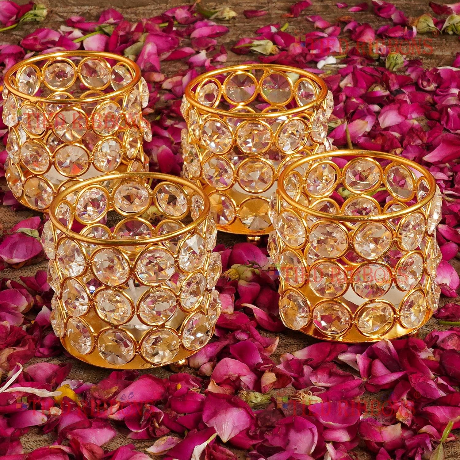 TIED RIBBONS Pack of 4 Brass and Crystal Tealight Candle Holder