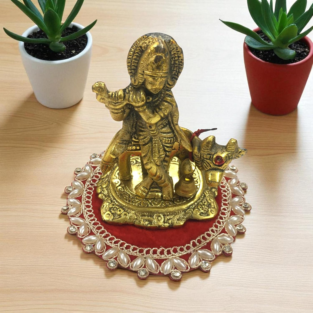 EMBROINDIA Red Velvet Pooja Aasan Set, Decorative Chowki Cloth, 4x4 Inch