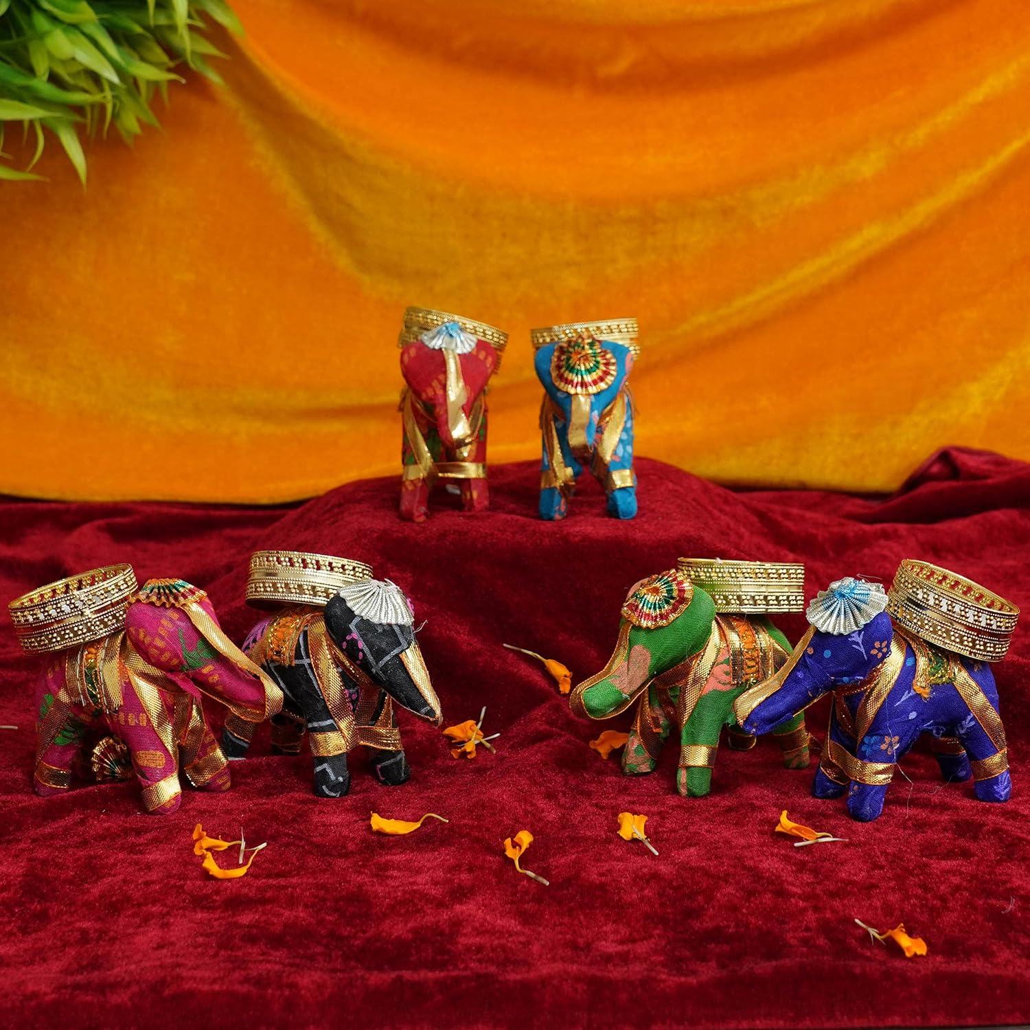 TIED RIBBONS Set of 6 Handcrafted Recycled Material Elephant Tealight Candle Holder for Diya Home Decoration
