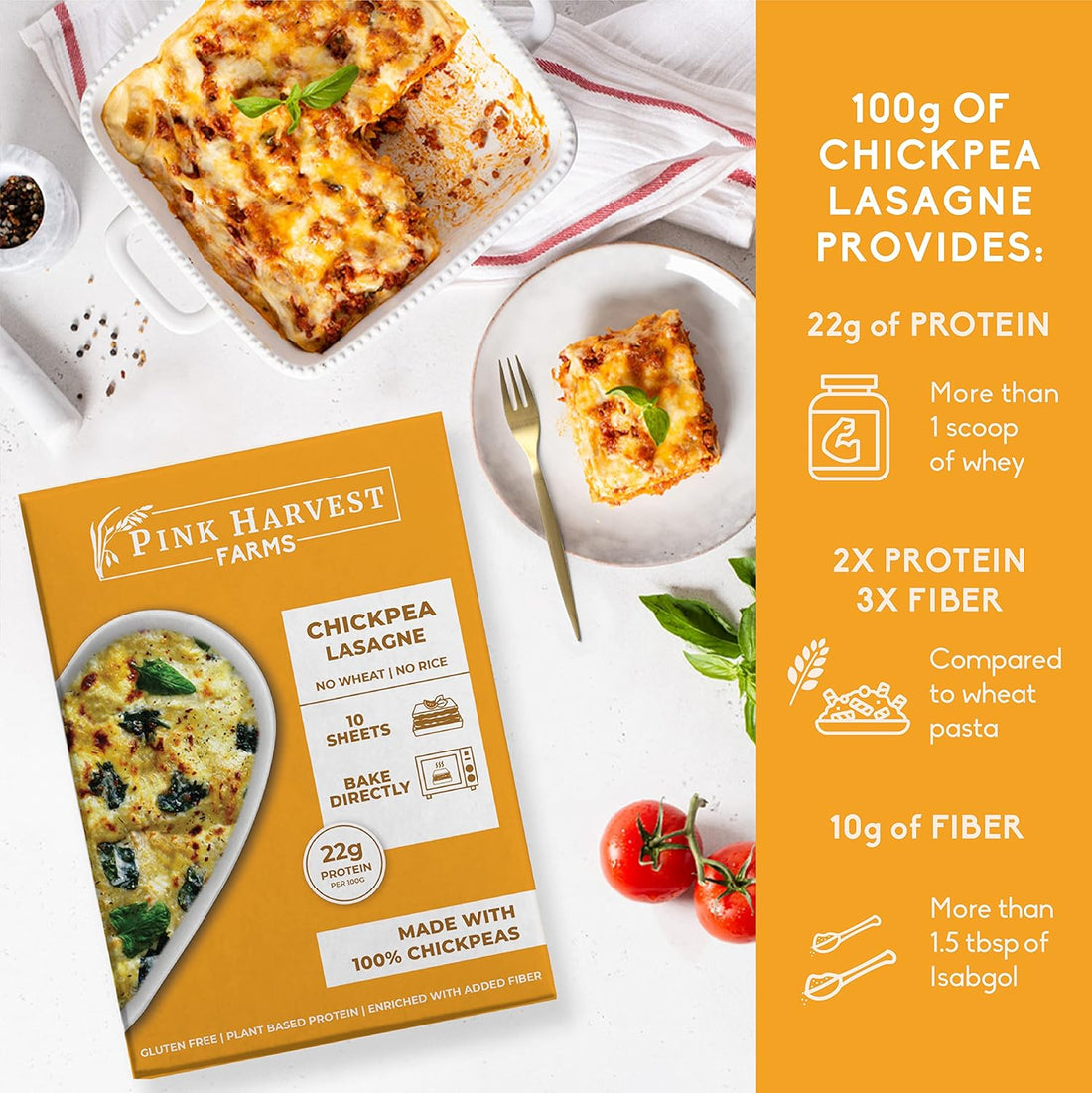 Pink Harvest Farms Chickpea Lasagne package on a white background