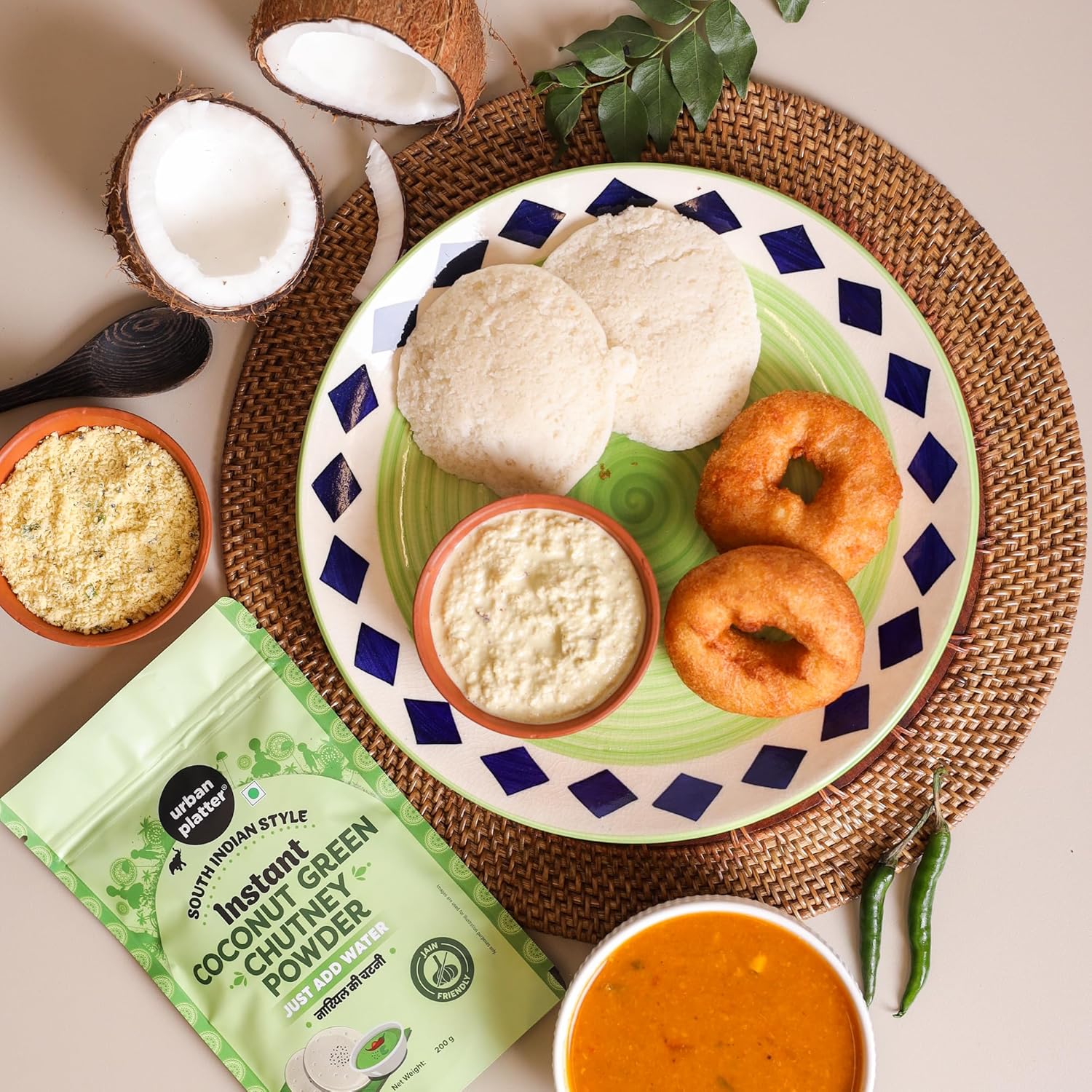 Urban Platter South Indian Style Instant Coconut Green Chutney Powder, 200g