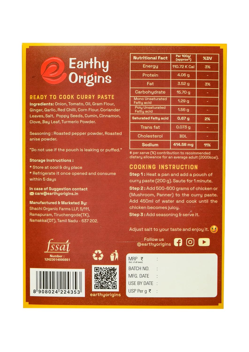 Earthy Origins Pepper Chicken Curry Paste - 200g