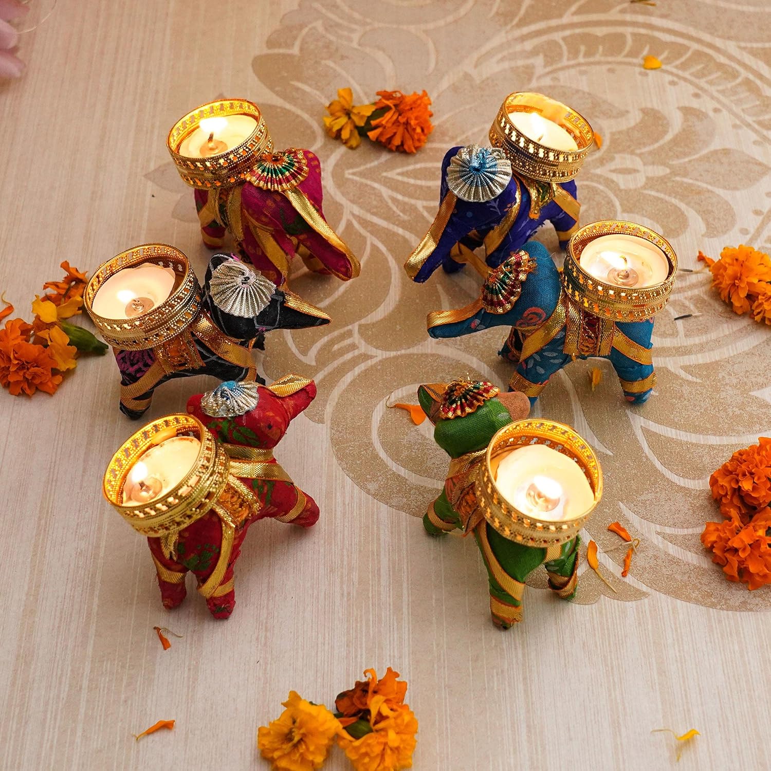 TIED RIBBONS Set of 6 Handcrafted Recycled Material Elephant Tealight Candle Holder for Diya Home Decoration