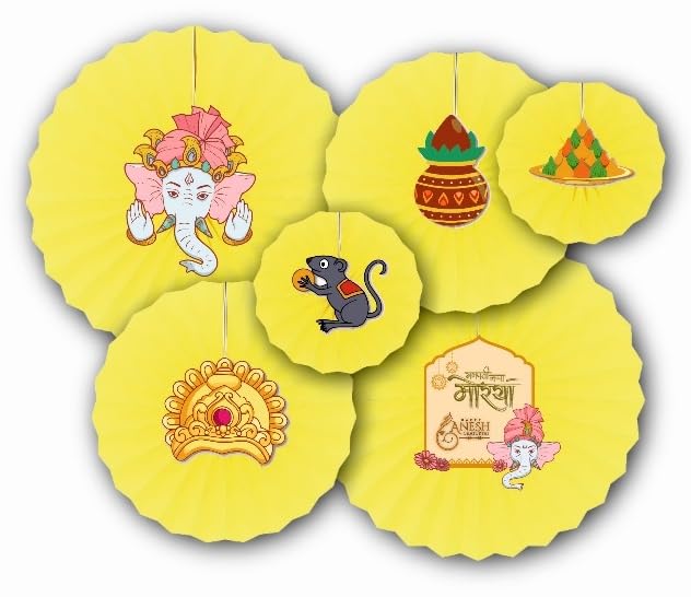 Atpata Funky 6pcs Ganesh Chaturthi Yellow Paper Fans Decor