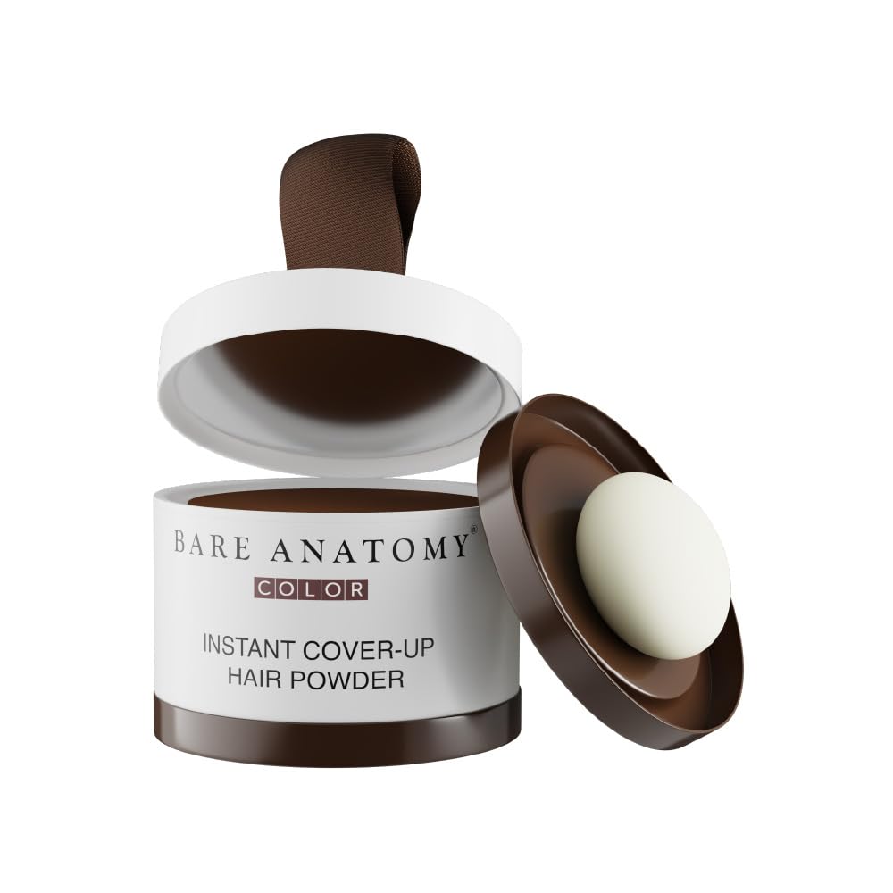 Open container of Bare Anatomy Instant Cover-Up Hair Powder on a white background
