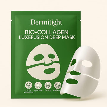 Dermight Bio-Collagen LuxeFusion Deep Mask packaging with a white mask on a light beige background