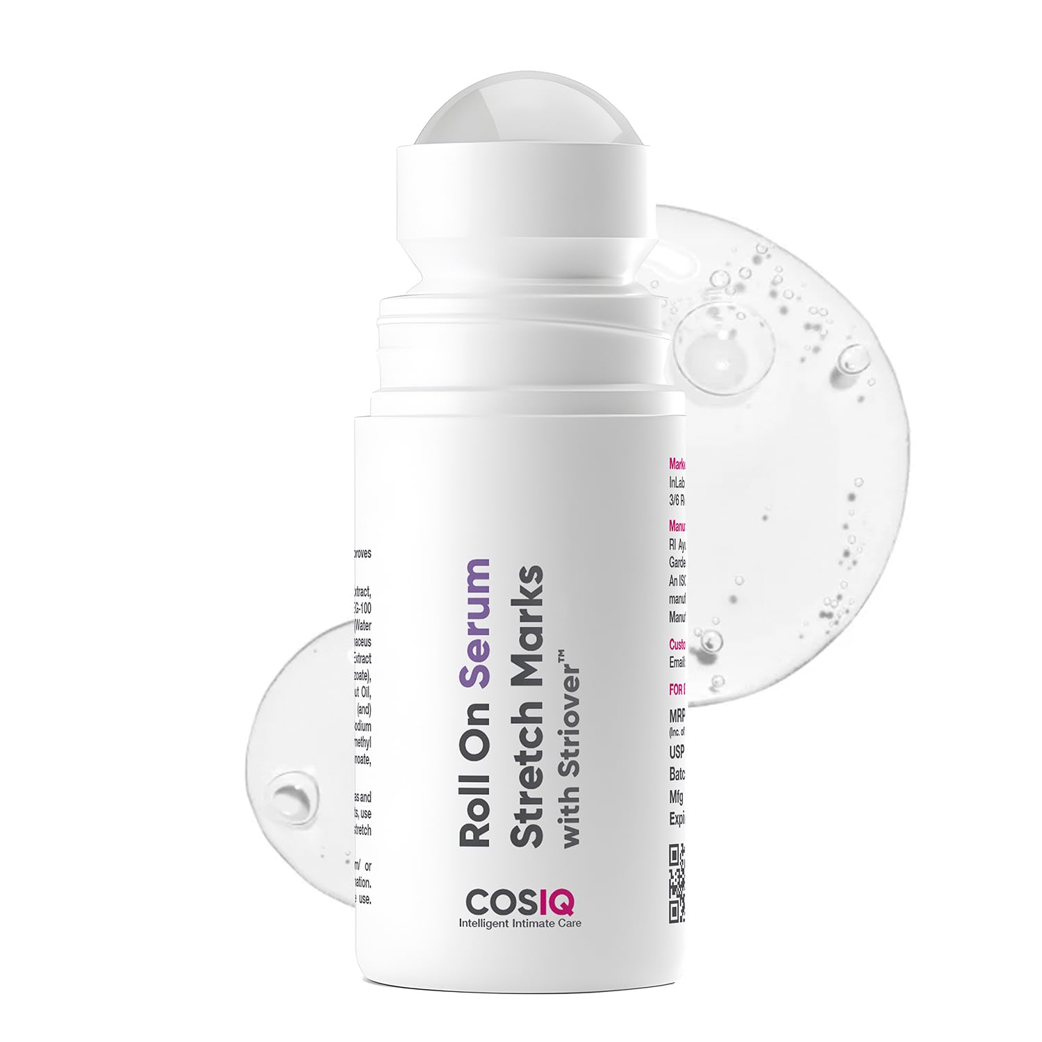 CosIQ roll-on serum for stretch marks on a white background
